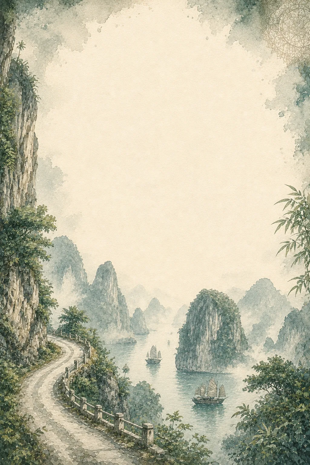 Misty watercolor page border depicting Ha Long Bay limestone karsts and traditional wooden sailing boats.