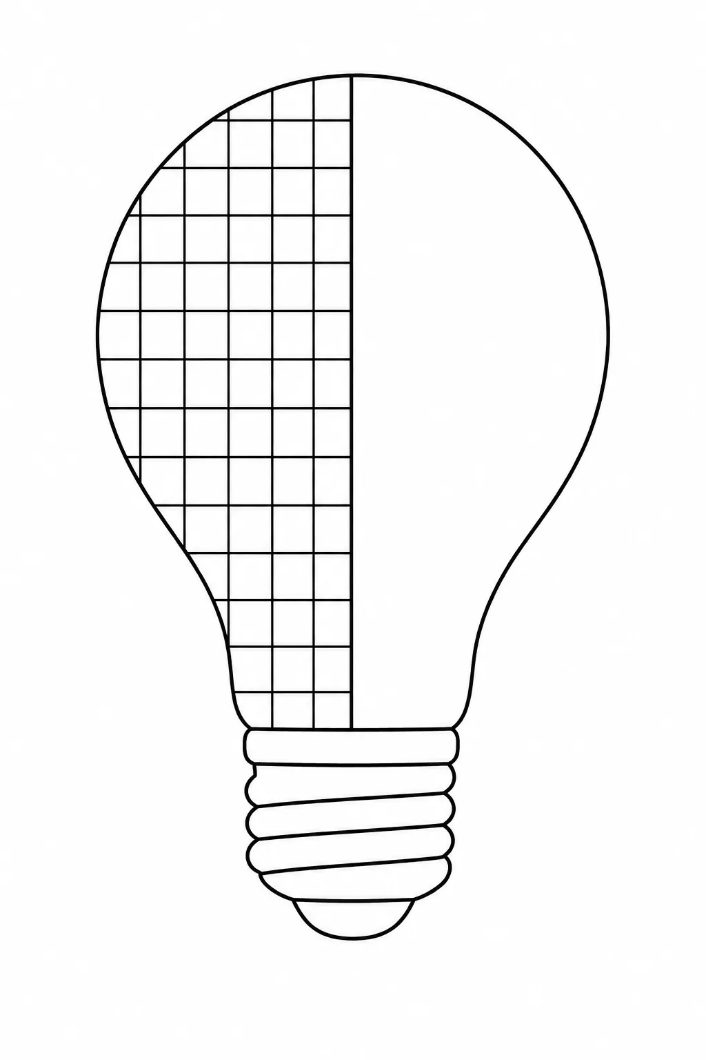 Geometric light bulb design split with a square grid pattern on left and plain curve on right.