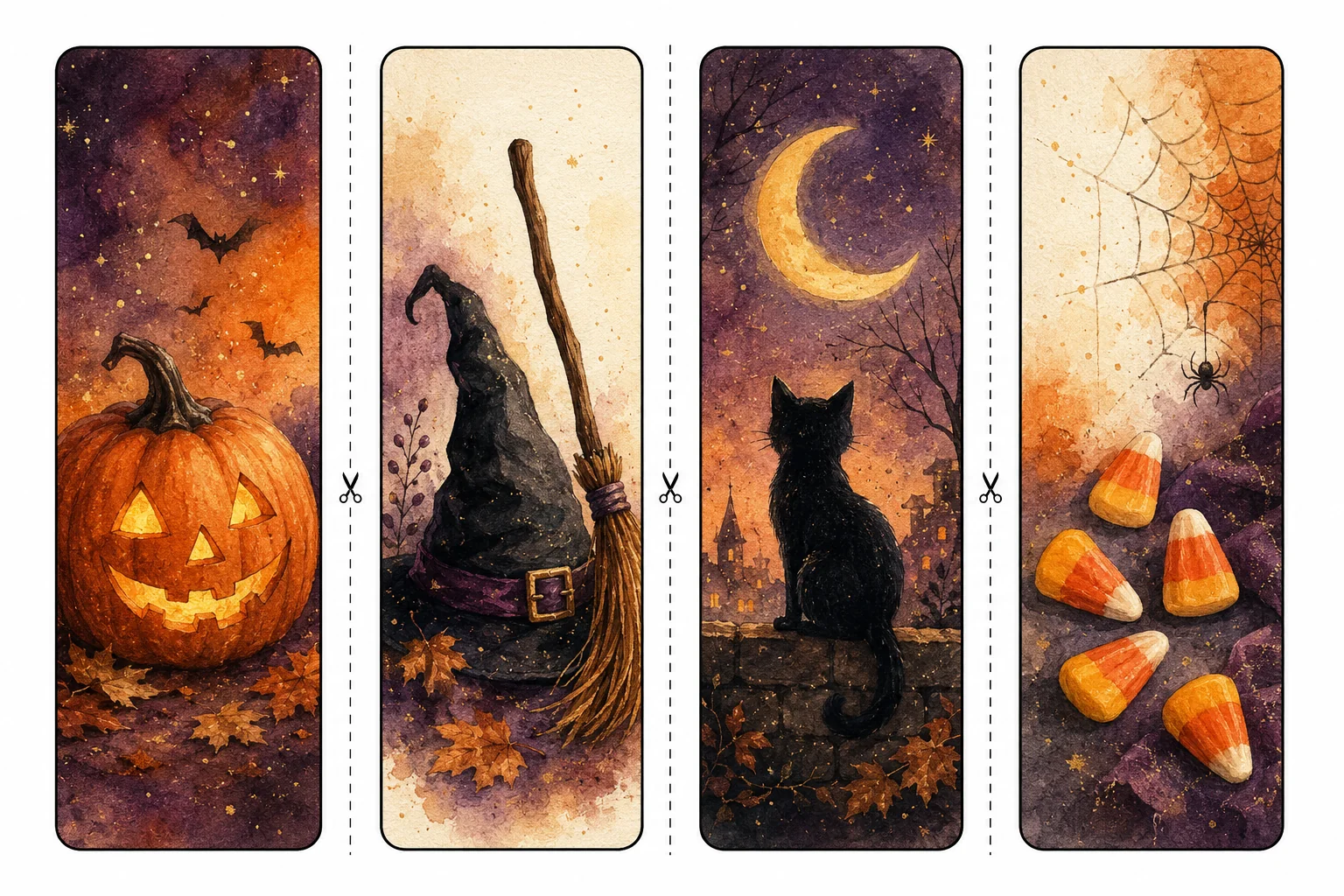 Printable Halloween bookmarks sheet 1, jack-o'-lantern and black cat