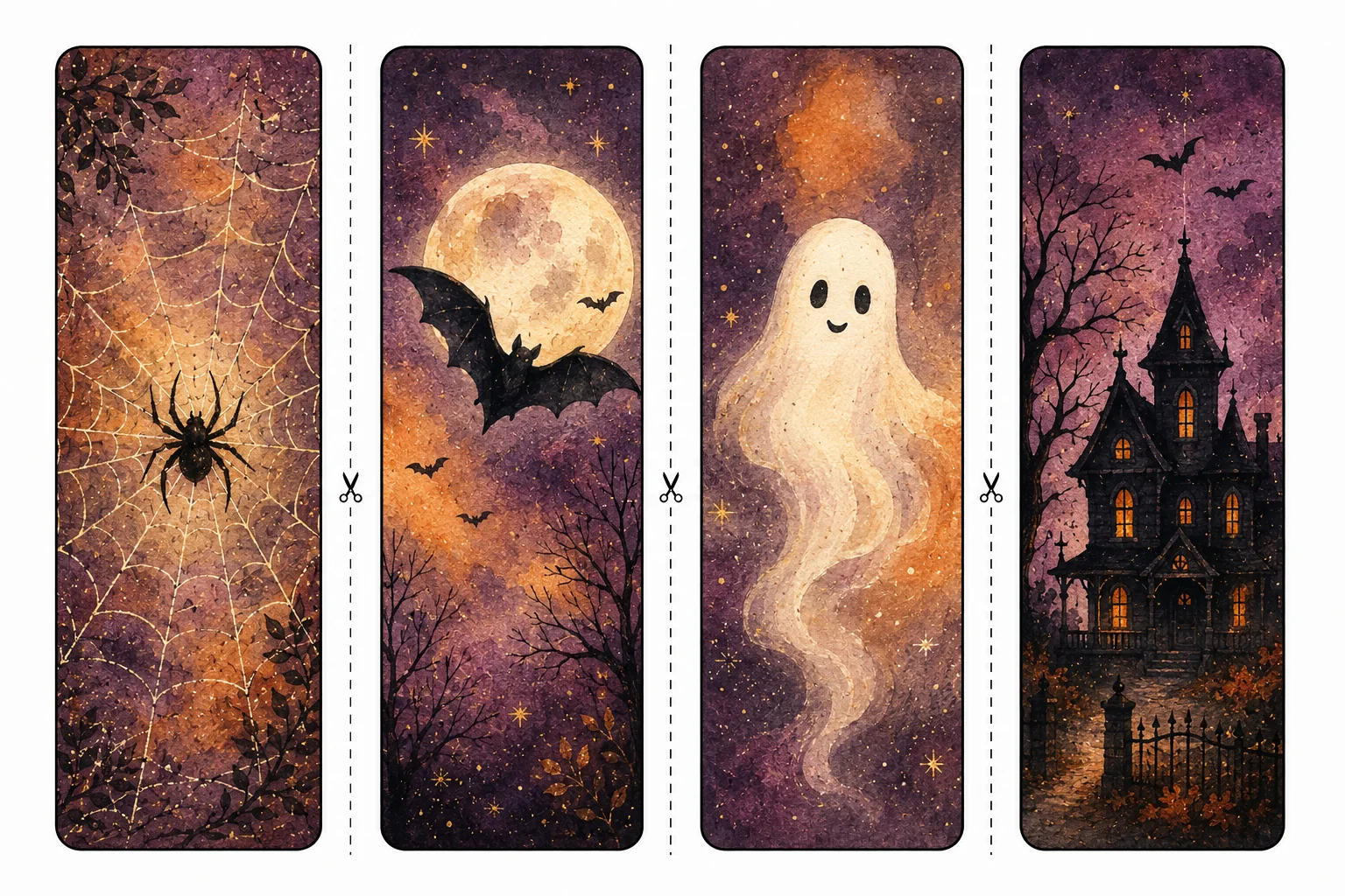 Printable Halloween bookmarks sheet 2, ghost and haunted house