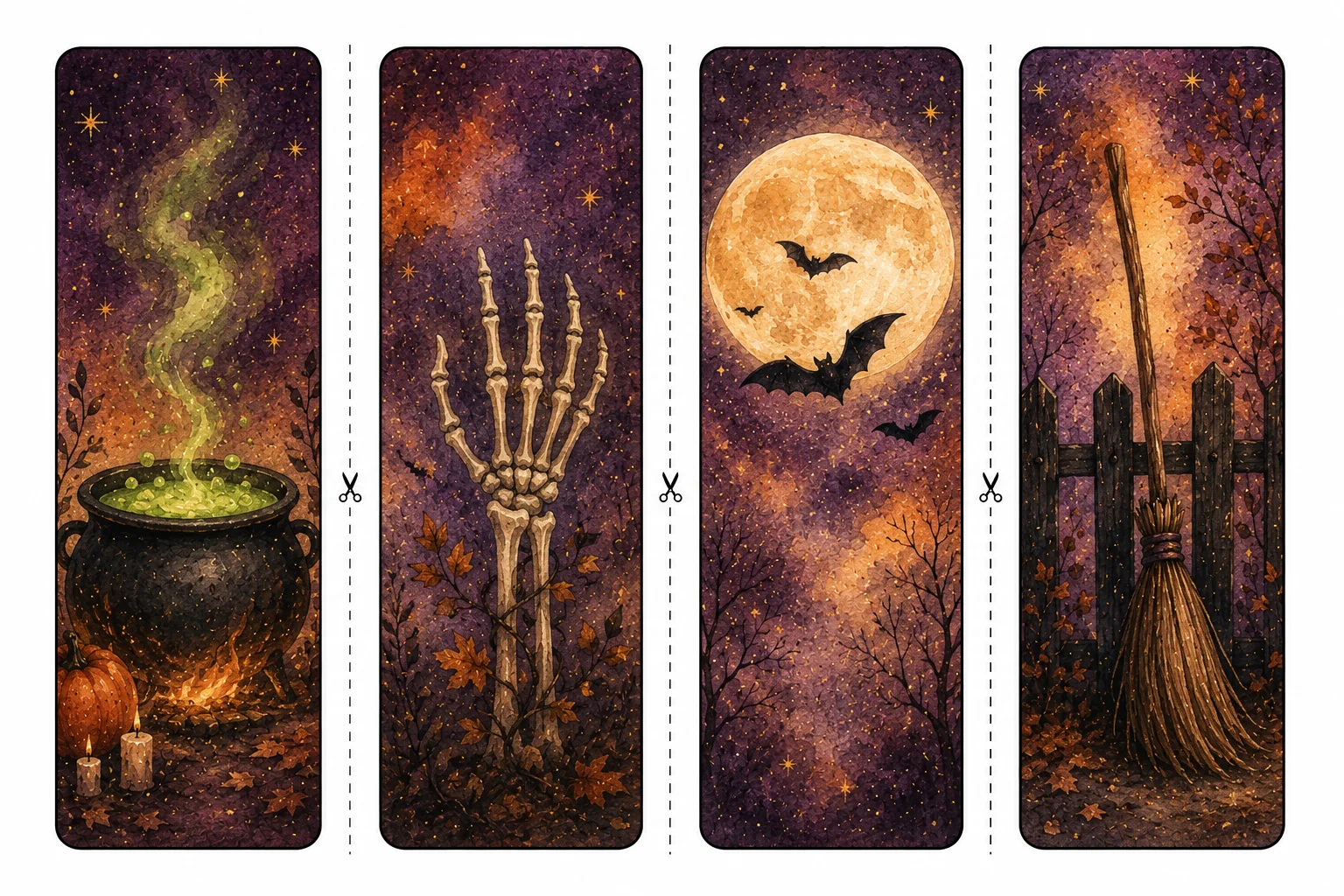 Printable Halloween bookmarks sheet 3, cauldron and full moon