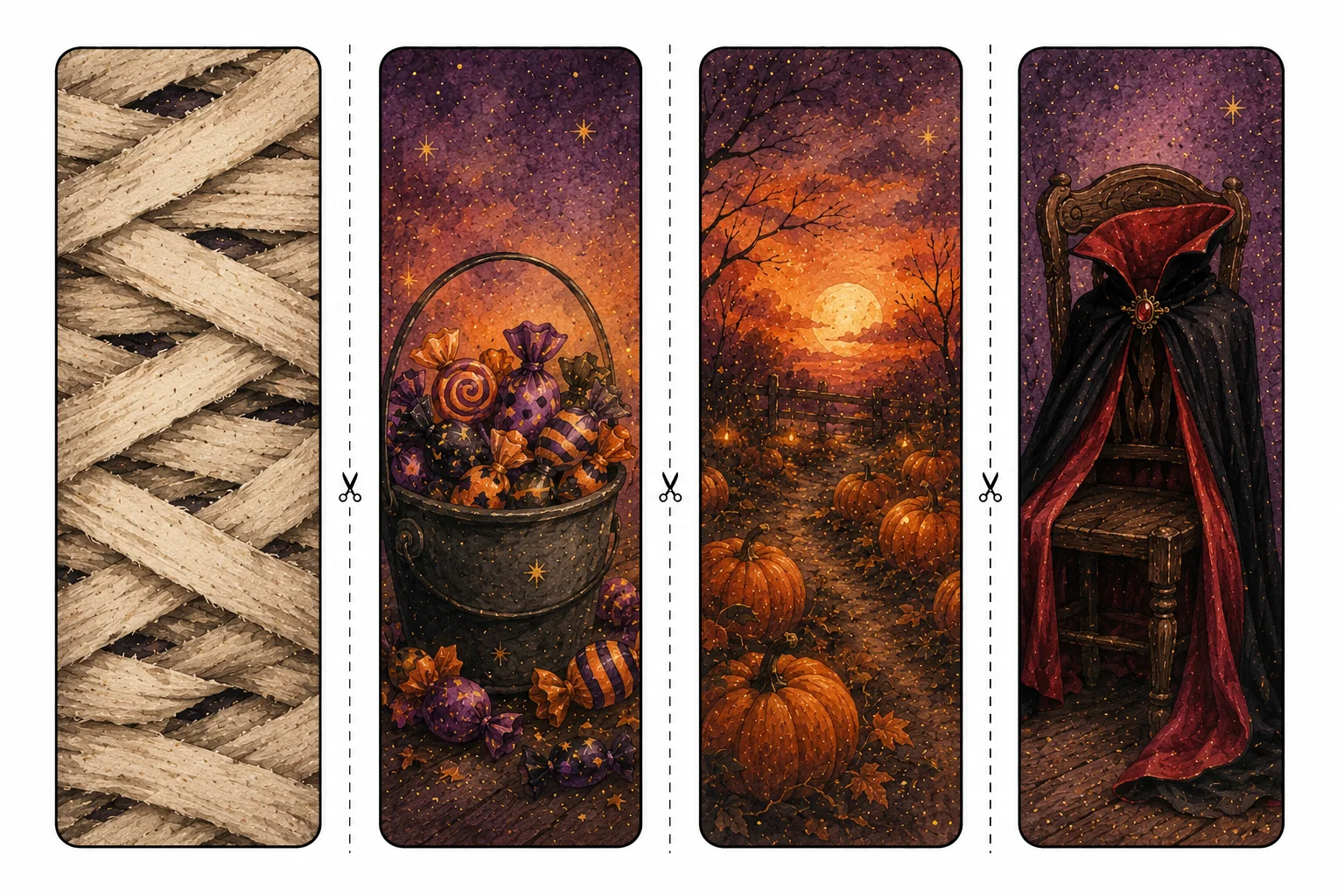 Printable Halloween bookmarks sheet 4, candy bucket and pumpkin patch