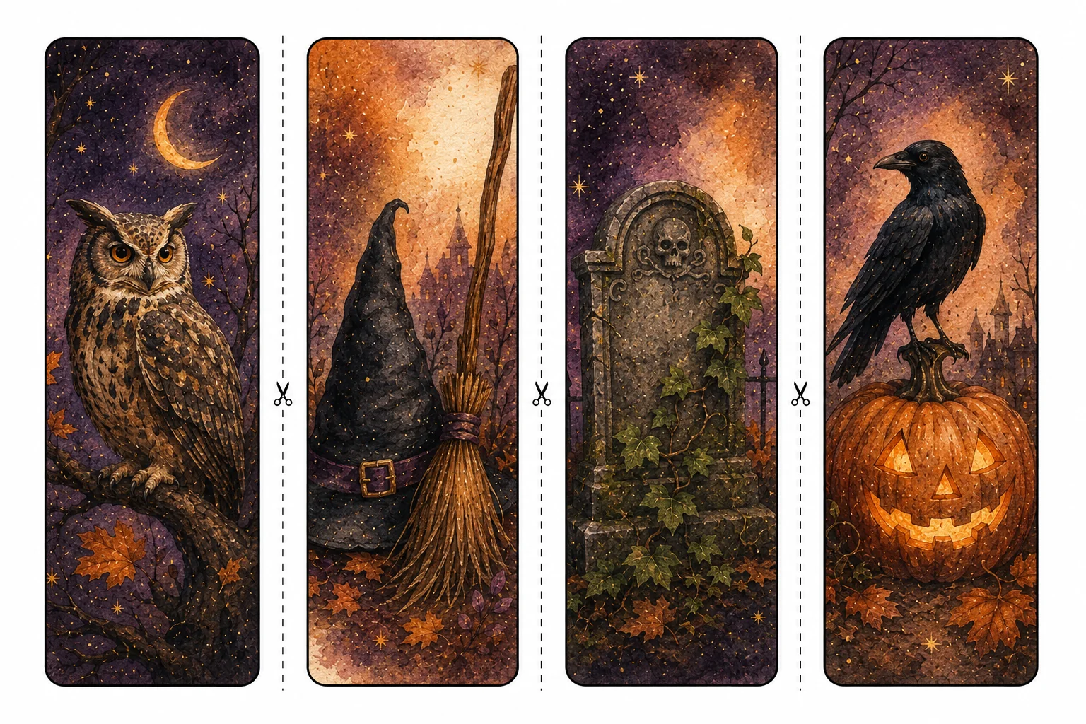 Printable Halloween bookmarks sheet 5, owl, gravestone, and crow