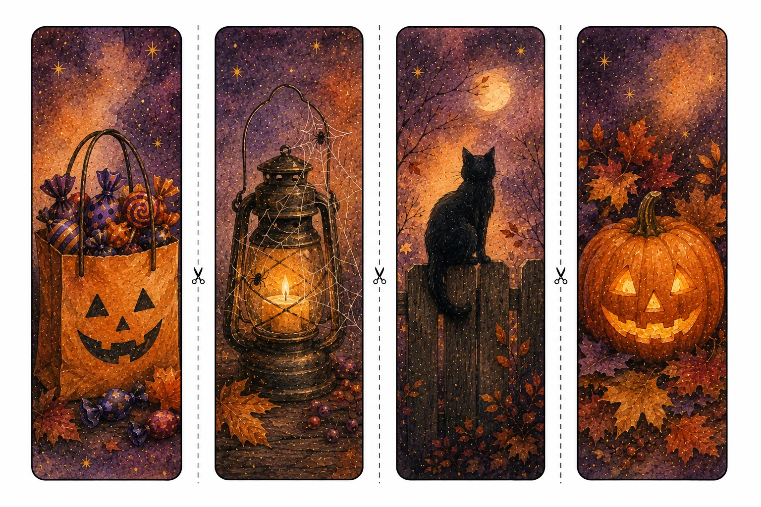 Printable Halloween bookmarks sheet 6, trick-or-treat and cobweb lantern
