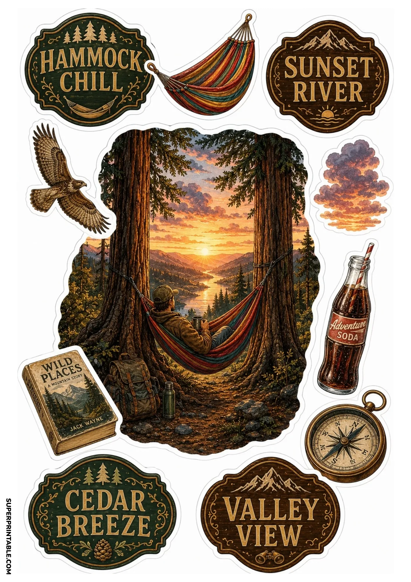 Hammock camping sticker sheet with a person in a hammock watching a sunset valley, soaring hawk, adventure book, soda bottle, and compass.