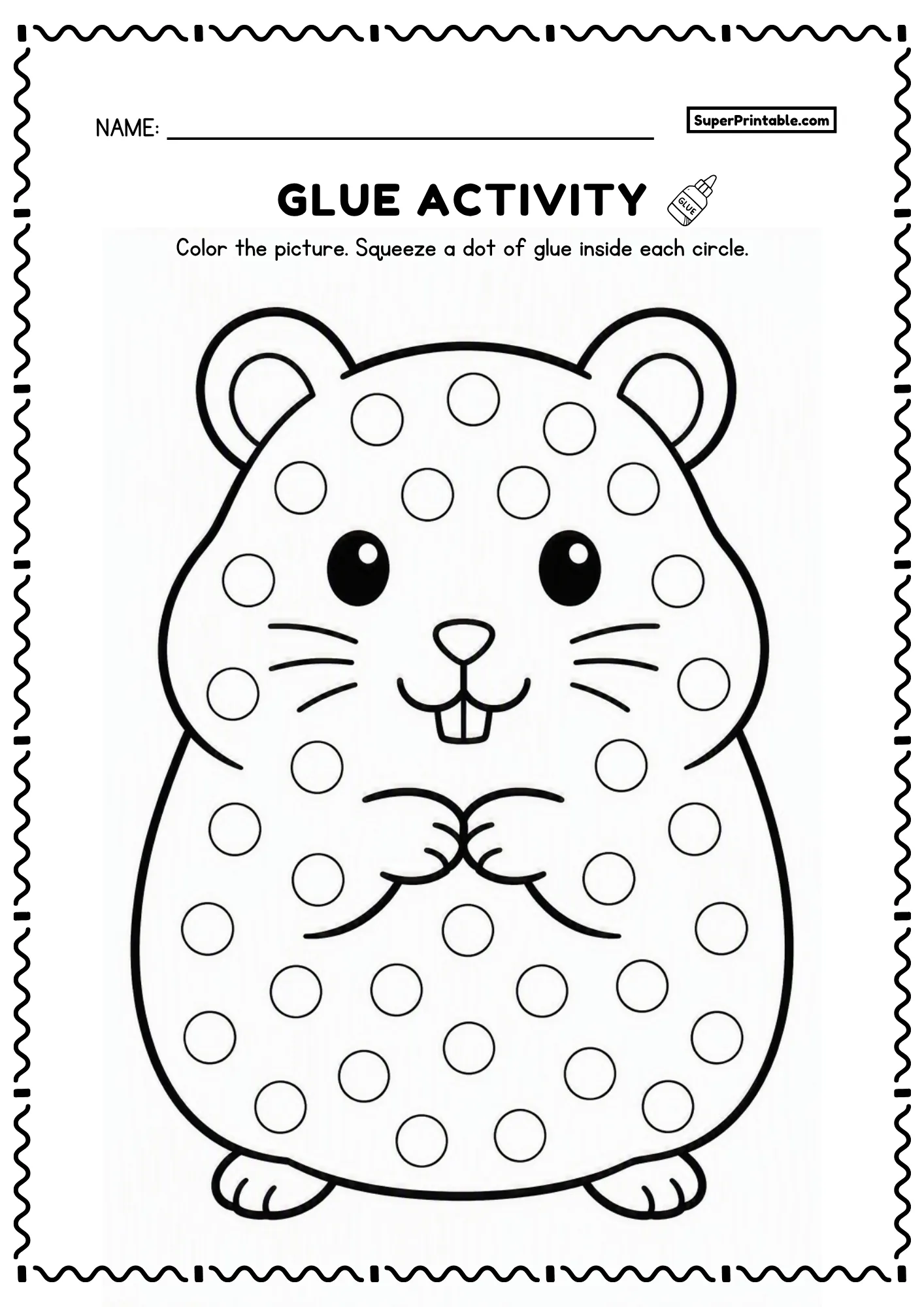 Chubby hamster printable glue worksheet with round ears and dot circles for preschoolers