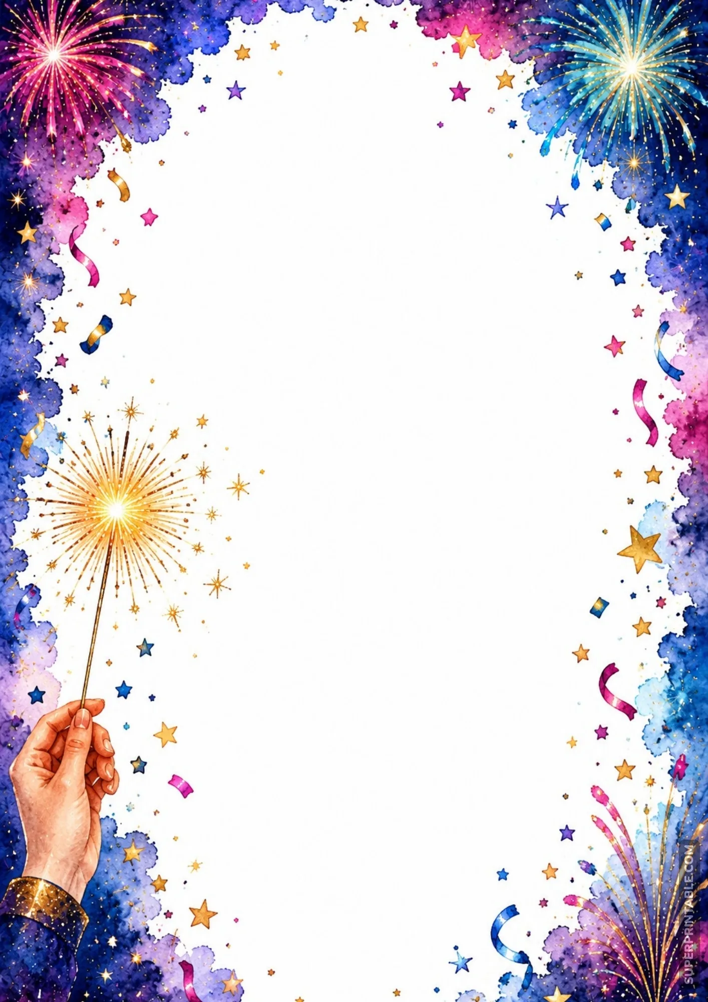 Hand holding a bright glittering sparkler on a blue and purple watercolor festive border background.