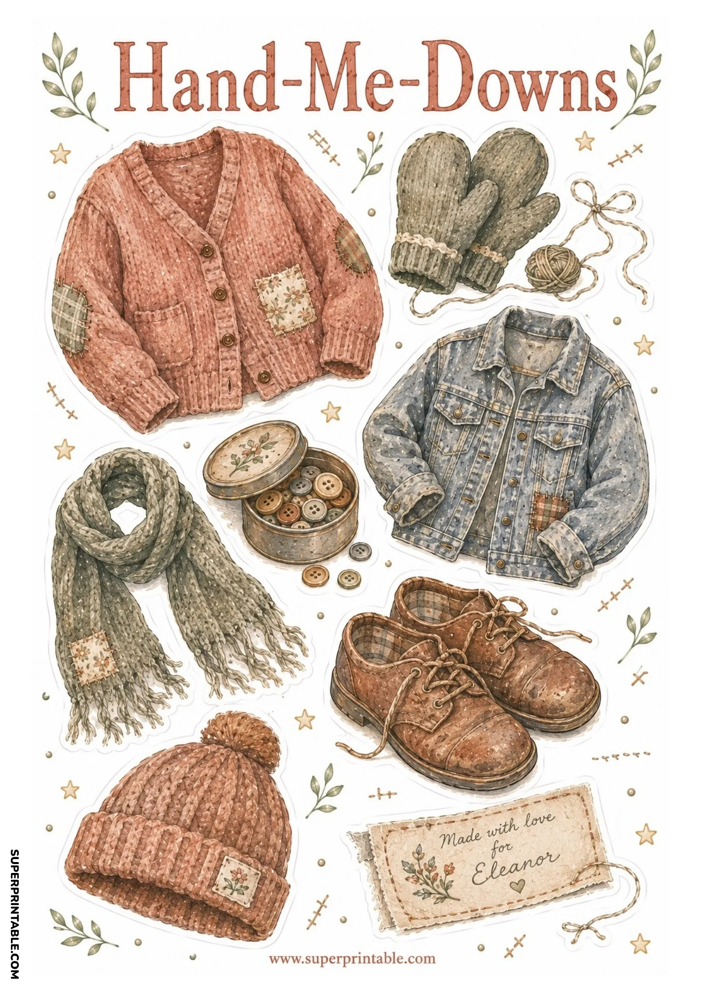 Mended pink knit cardigan sweater, patched denim jacket, button tin, leather shoes, knit beanie, and scarf.