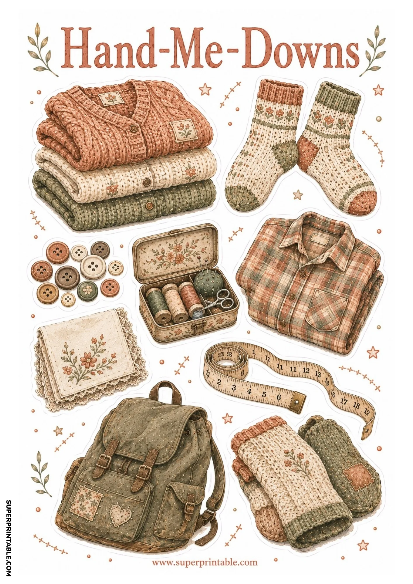 Folded flannel shirt with a patchworked canvas backpack, vintage sewing kit, measuring tape, and knit socks.