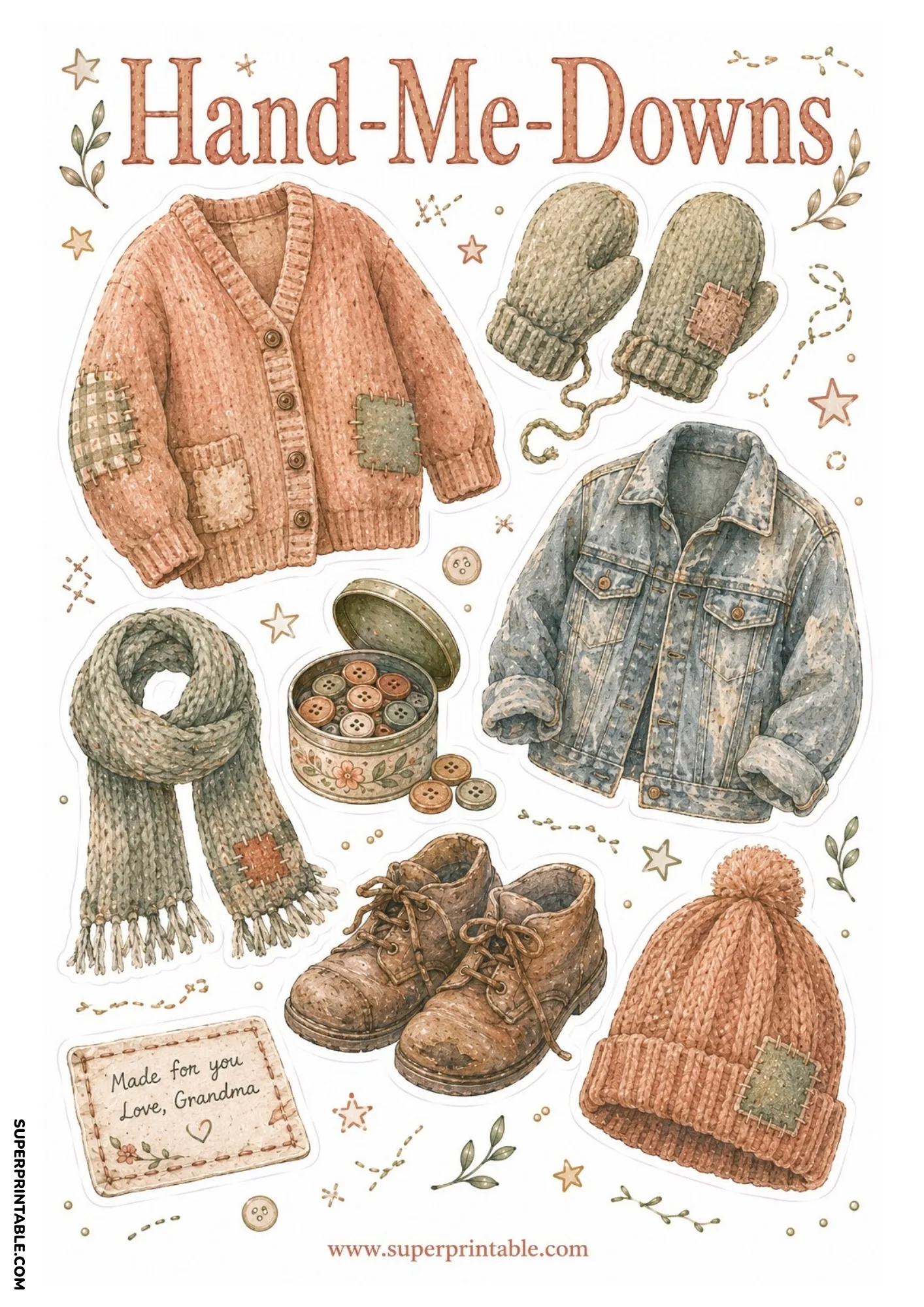 Mended knit cardigan sweater with leather work boots, button tin, knit mittens, denim jacket, and beanie.
