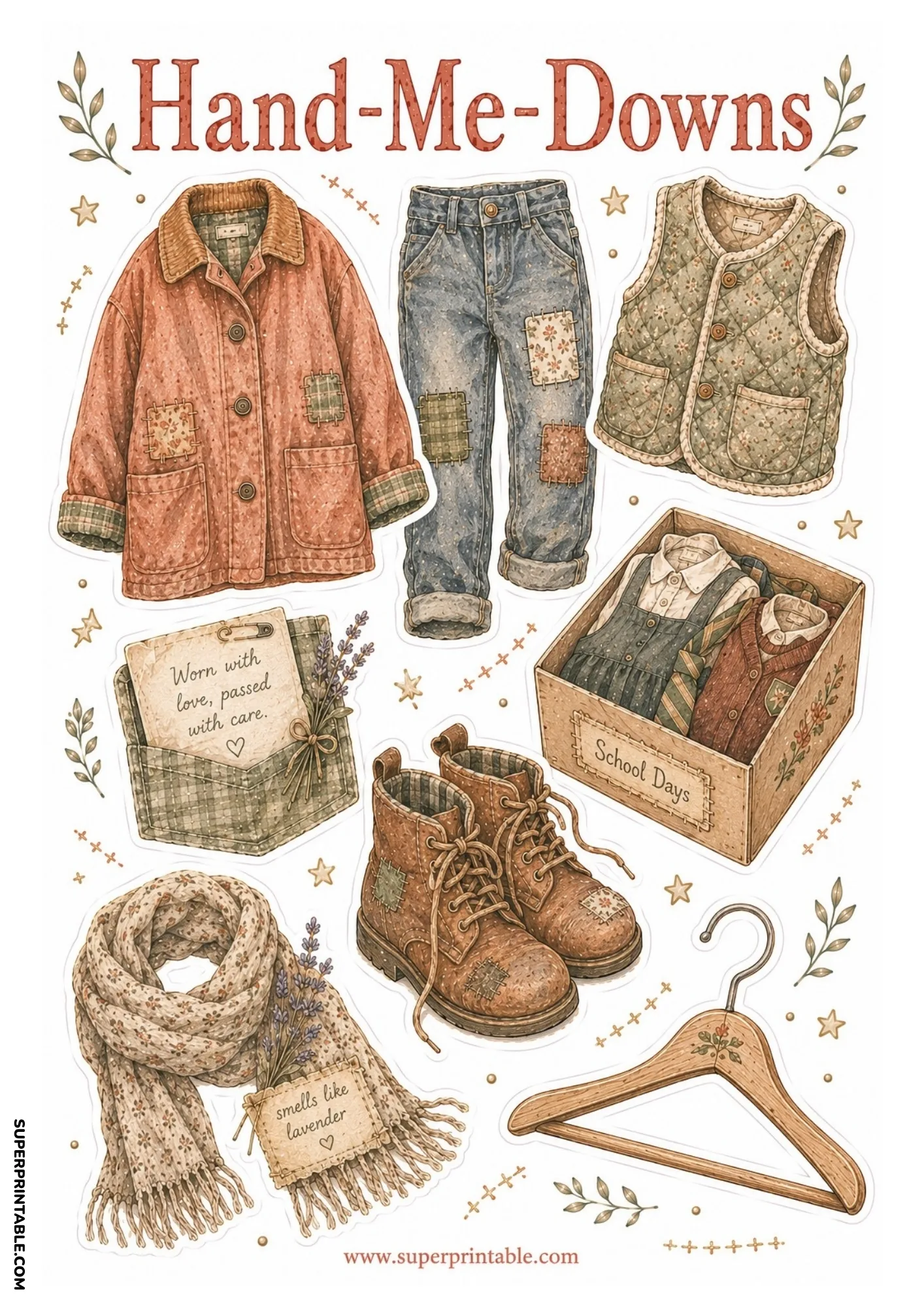 Patched denim jeans, corduroy jacket, School Days clothes box, leather work boots, scarf, and coat hanger.
