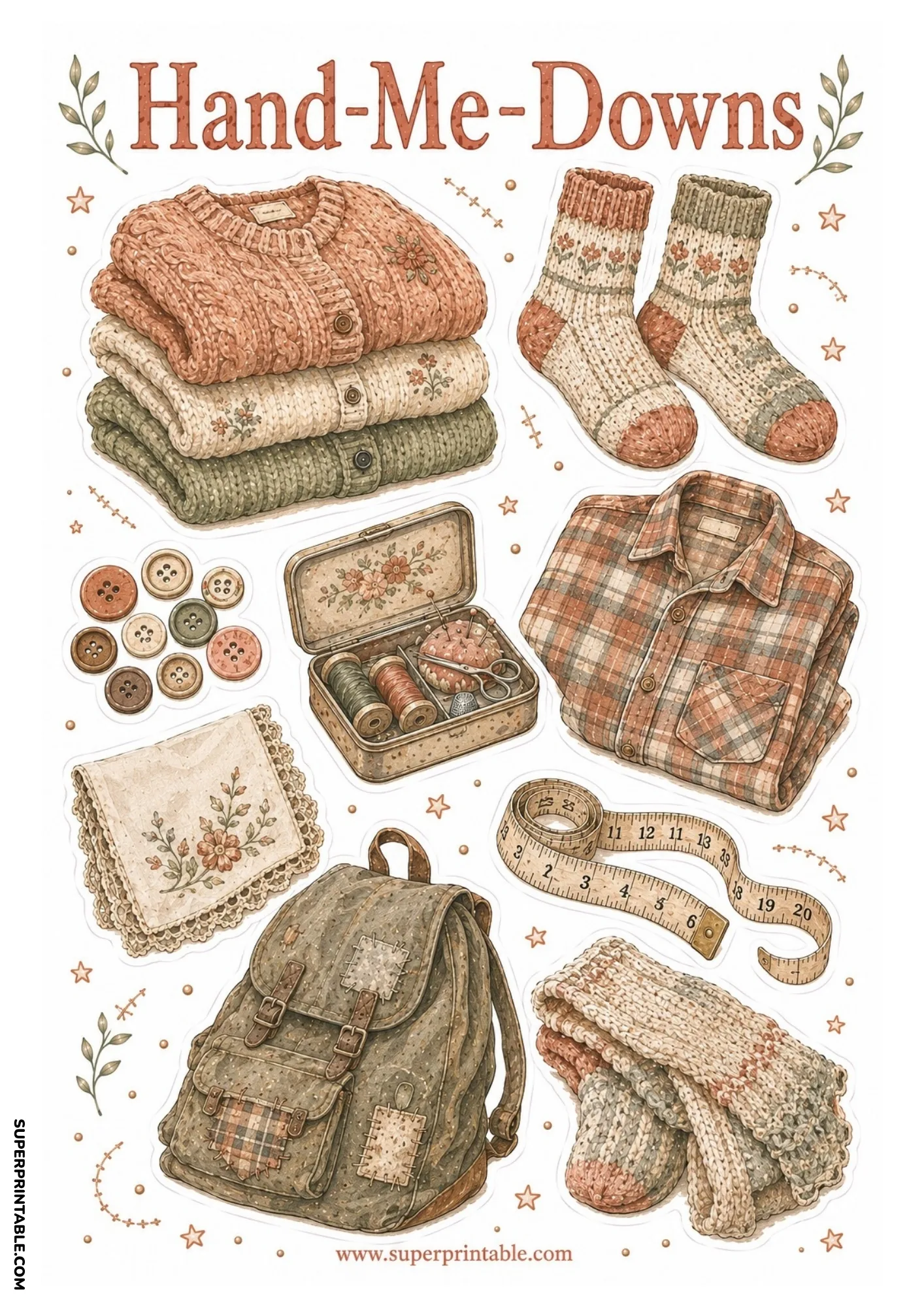 Stack of knit sweaters with a vintage sewing tin, folded plaid flannel shirt, measuring tape, and backpack.
