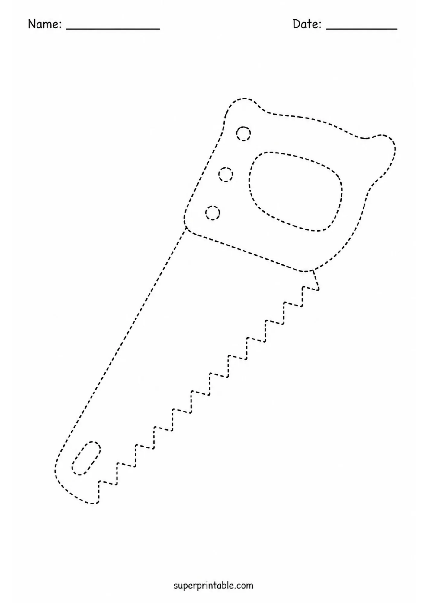 Printable hand saw tracing sheet featuring serrated blade outlines for preschool activity.