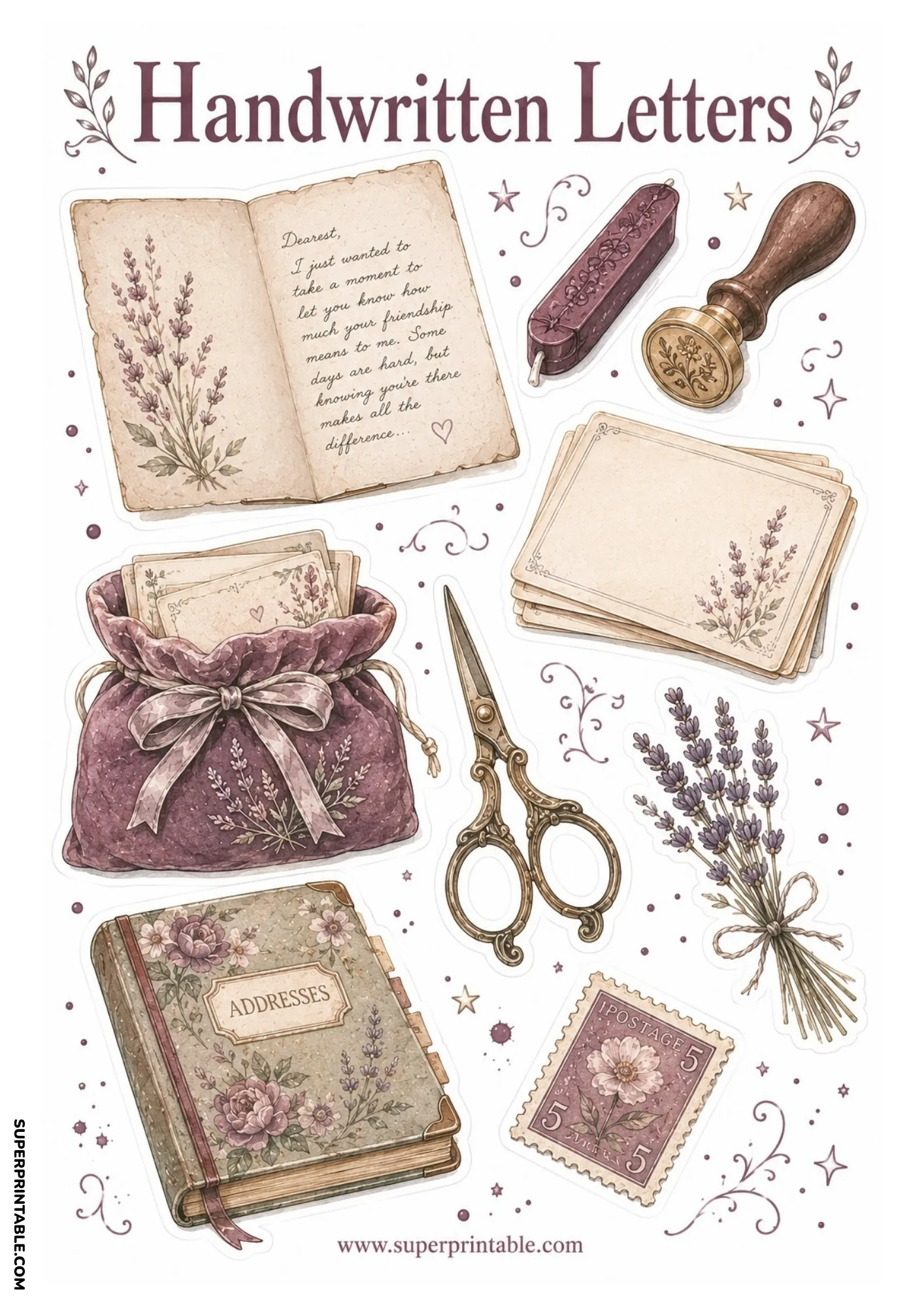 Open handwritten letter with a brass wax seal stamp, ornate scissors, lavender bouquet, and address book.