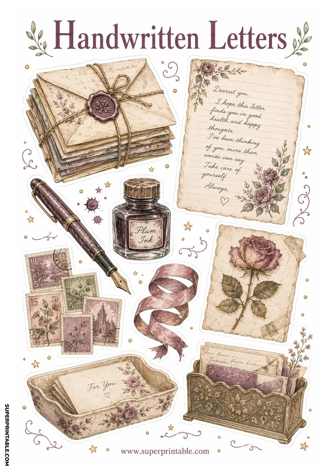 Fountain pen next to a bottle of plum ink, twine-bound letters, vintage postage stamps, and pressed rose paper.