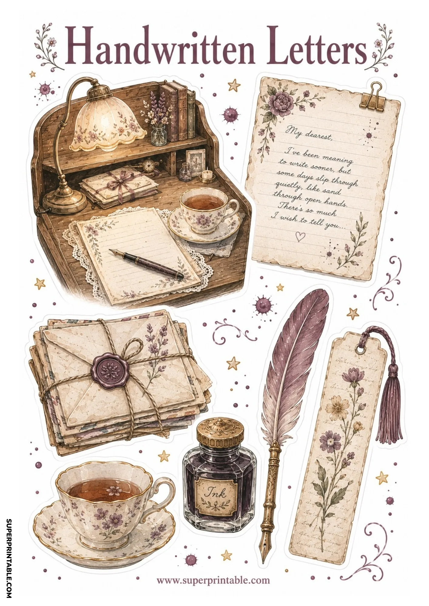 Wooden writing desk setup with a desk lamp, tea cup, feather quill pen, inkwell, and wax-sealed letters.