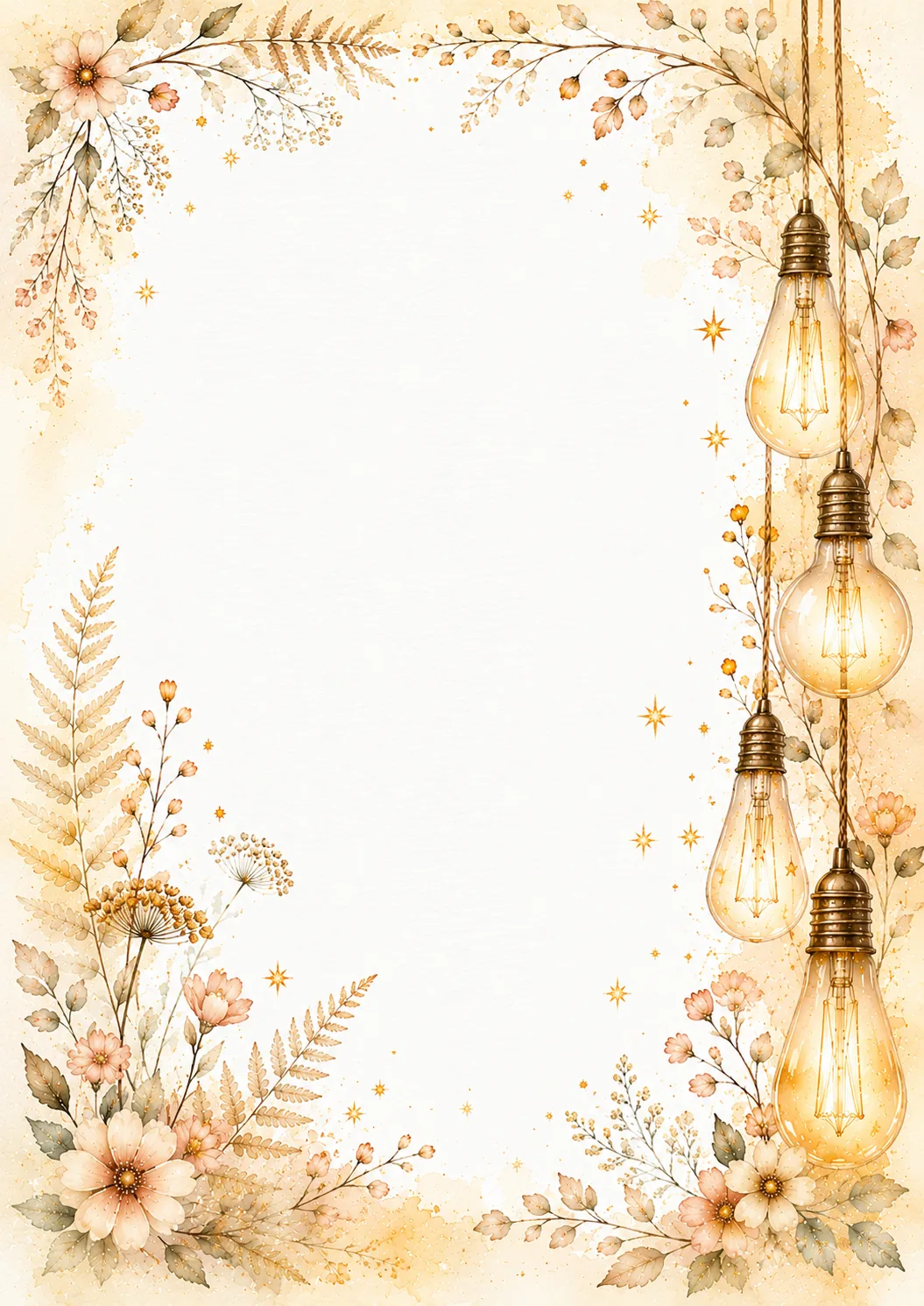 Light bulb writing paper with hanging Edison bulbs, pastel flowers, ferns, and golden stars