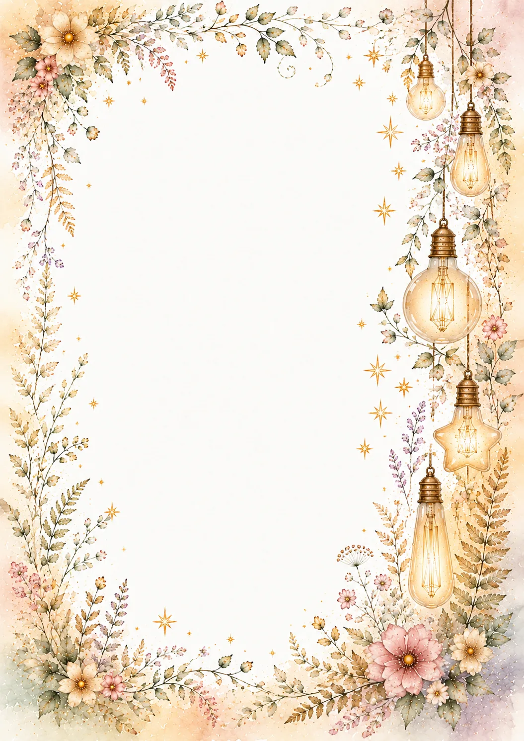 Hanging glowing bulbs with a star-shaped light, pink flowers, ferns, and leafy watercolor vines