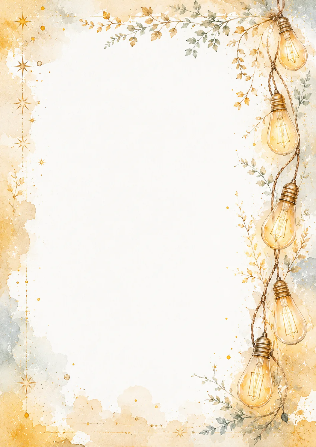 Hanging Edison bulbs with golden botanical branches and a spacious watercolor writing area