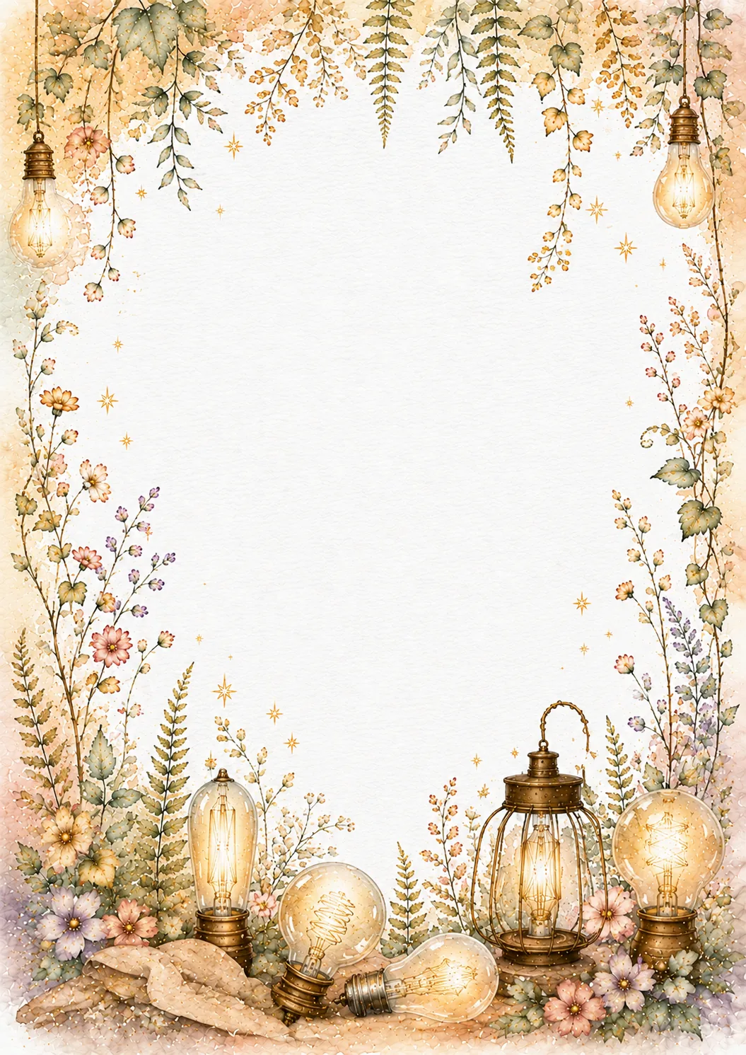 Hanging lights and glowing bulbs with a lantern, pastel flowers, ferns, and open writing space
