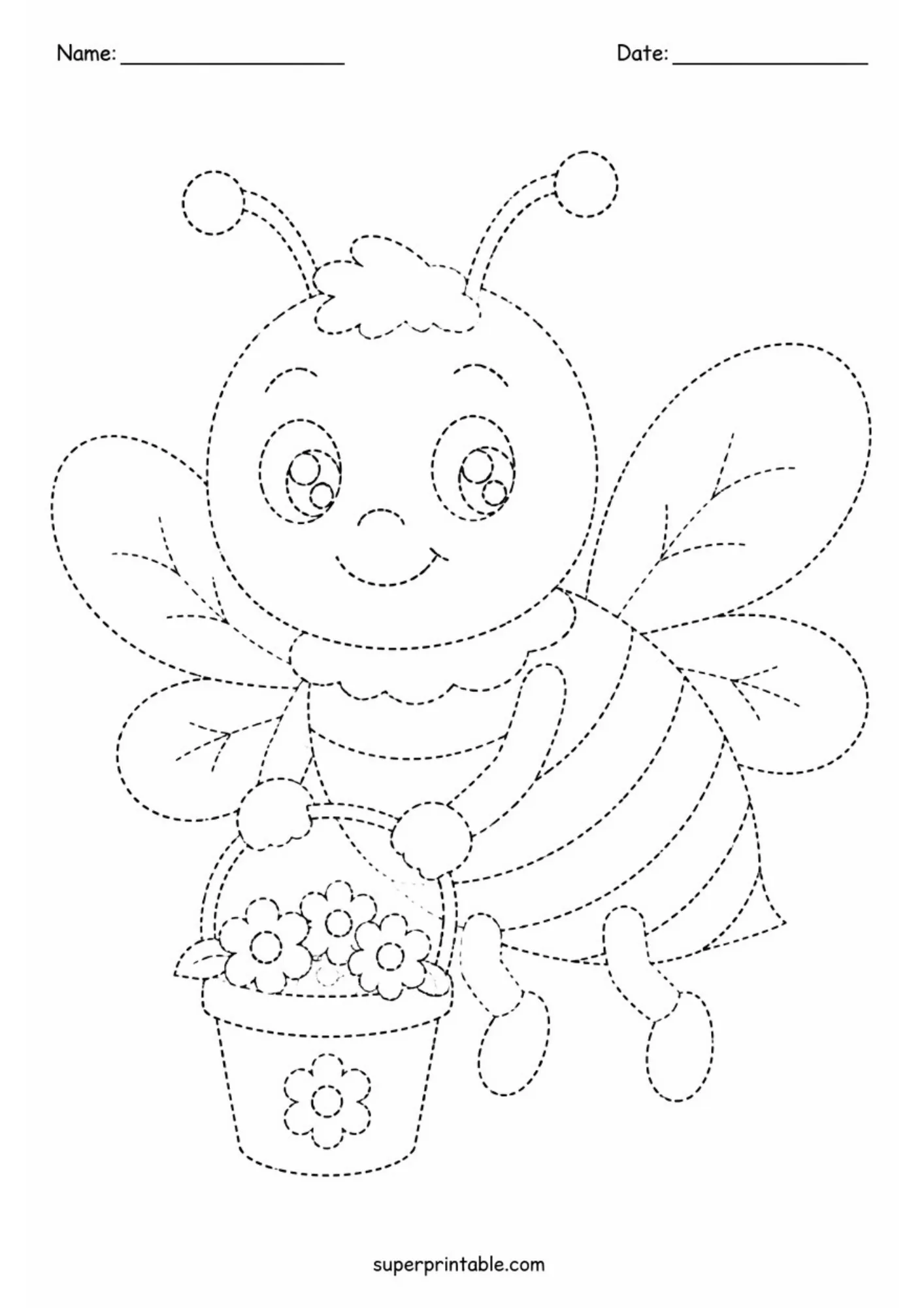 Cute cartoon bee carrying a small bucket of fresh flowers tracing activity sheet.