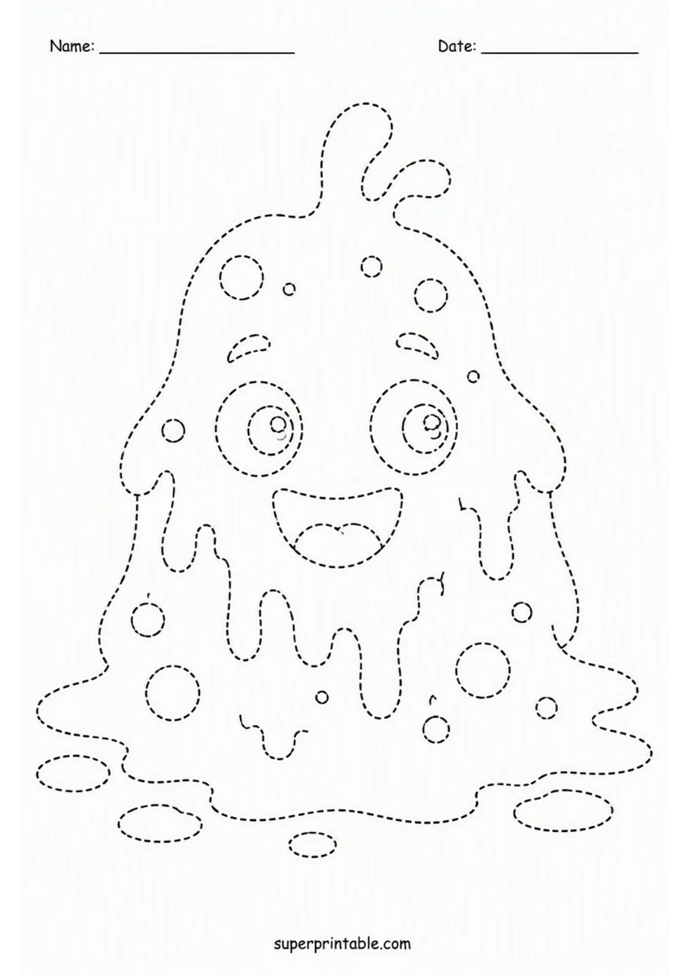 Tracing worksheet with a smiling gooey blob slime monster covered in bubbles and puddles.