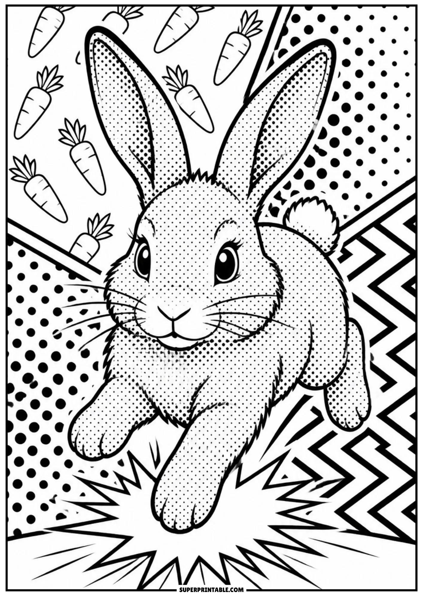 Bounding bunny rabbit jumping forward over an explosive pop art starburst background pattern.