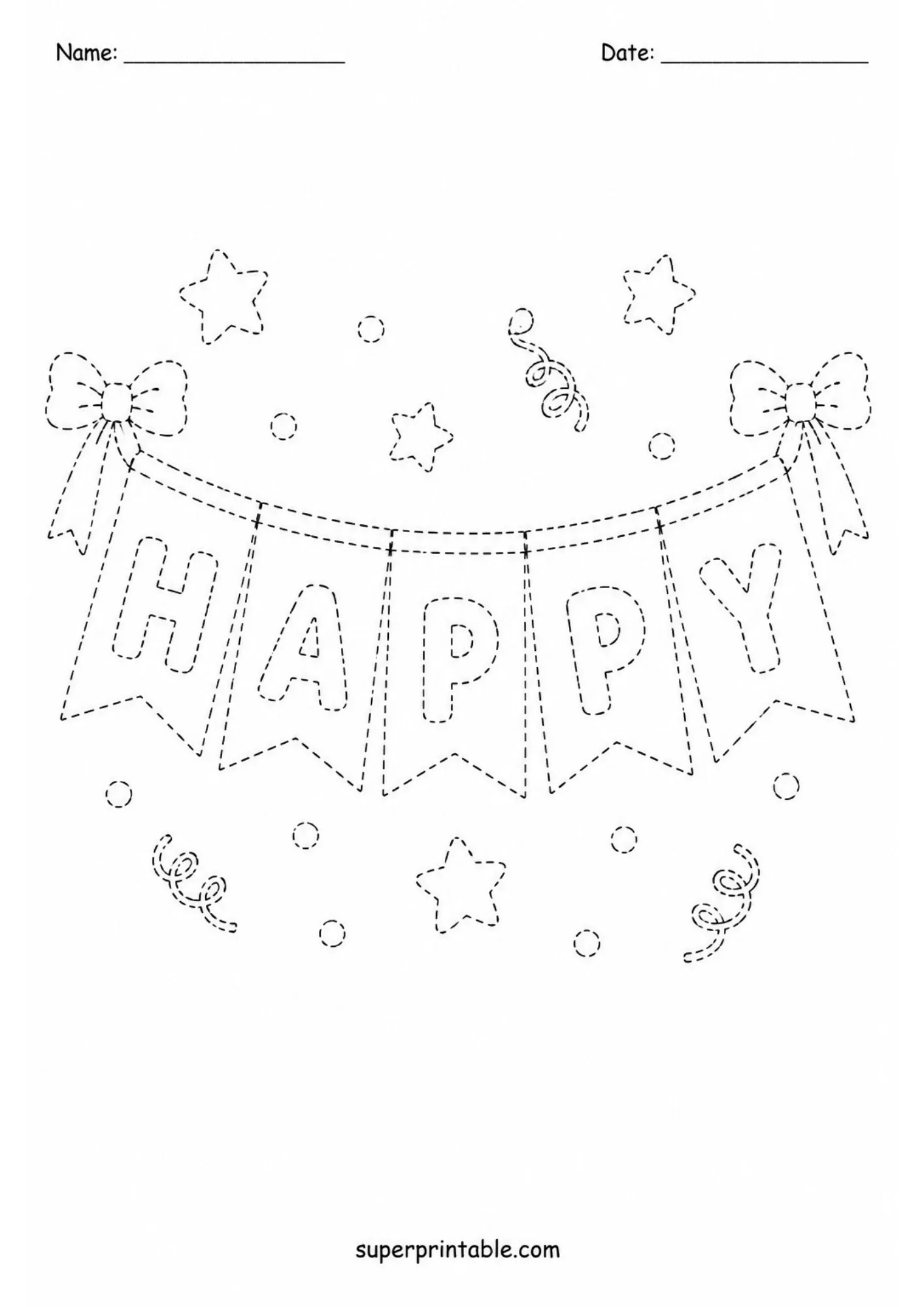 Party bunting banner spelling HAPPY with stars and streamers on a dotted line tracing worksheet for kids.