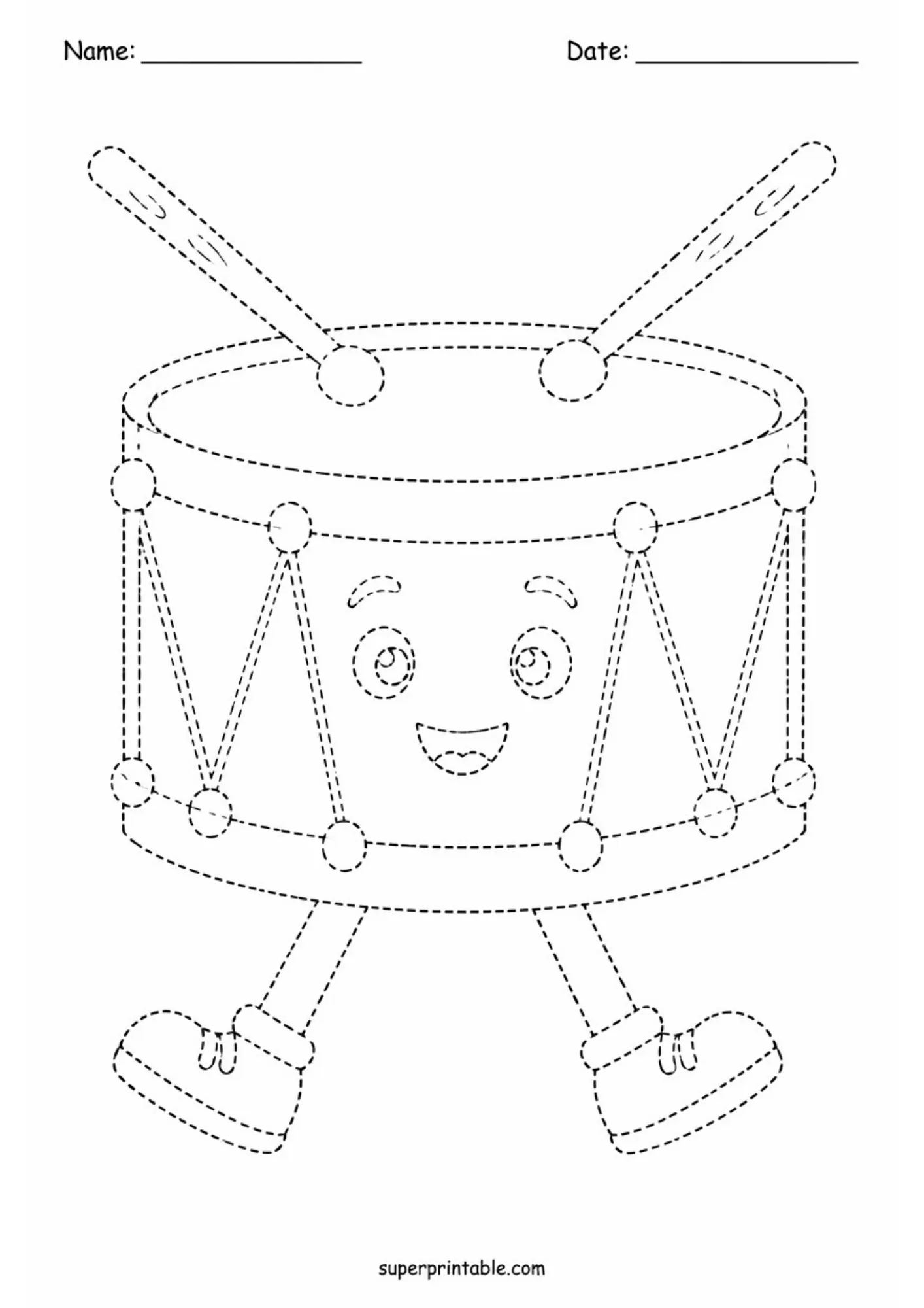 Dashed line drum with a smiling face for kids to trace.