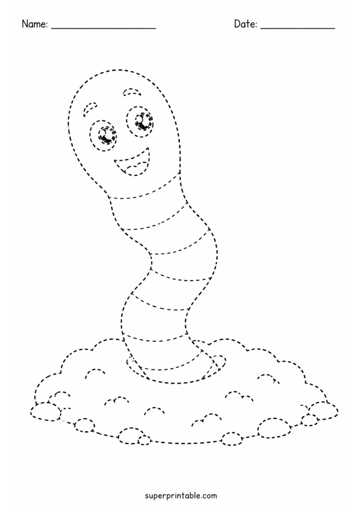 Cute earthworm emerging from dirt mound line tracing worksheet for fine motor skills.