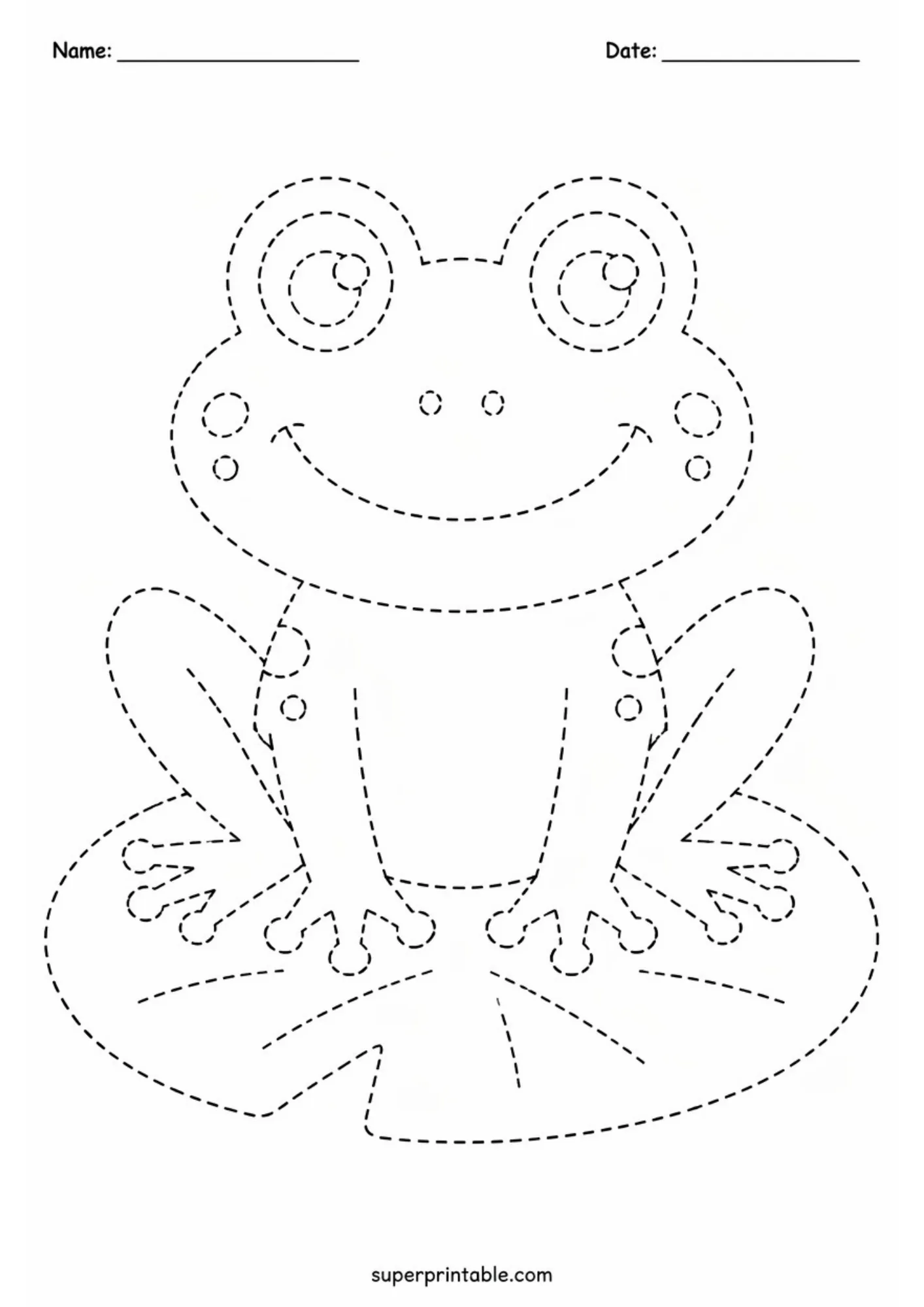 Happy frog sitting on a lily pad dashed outline tracing activity worksheet.