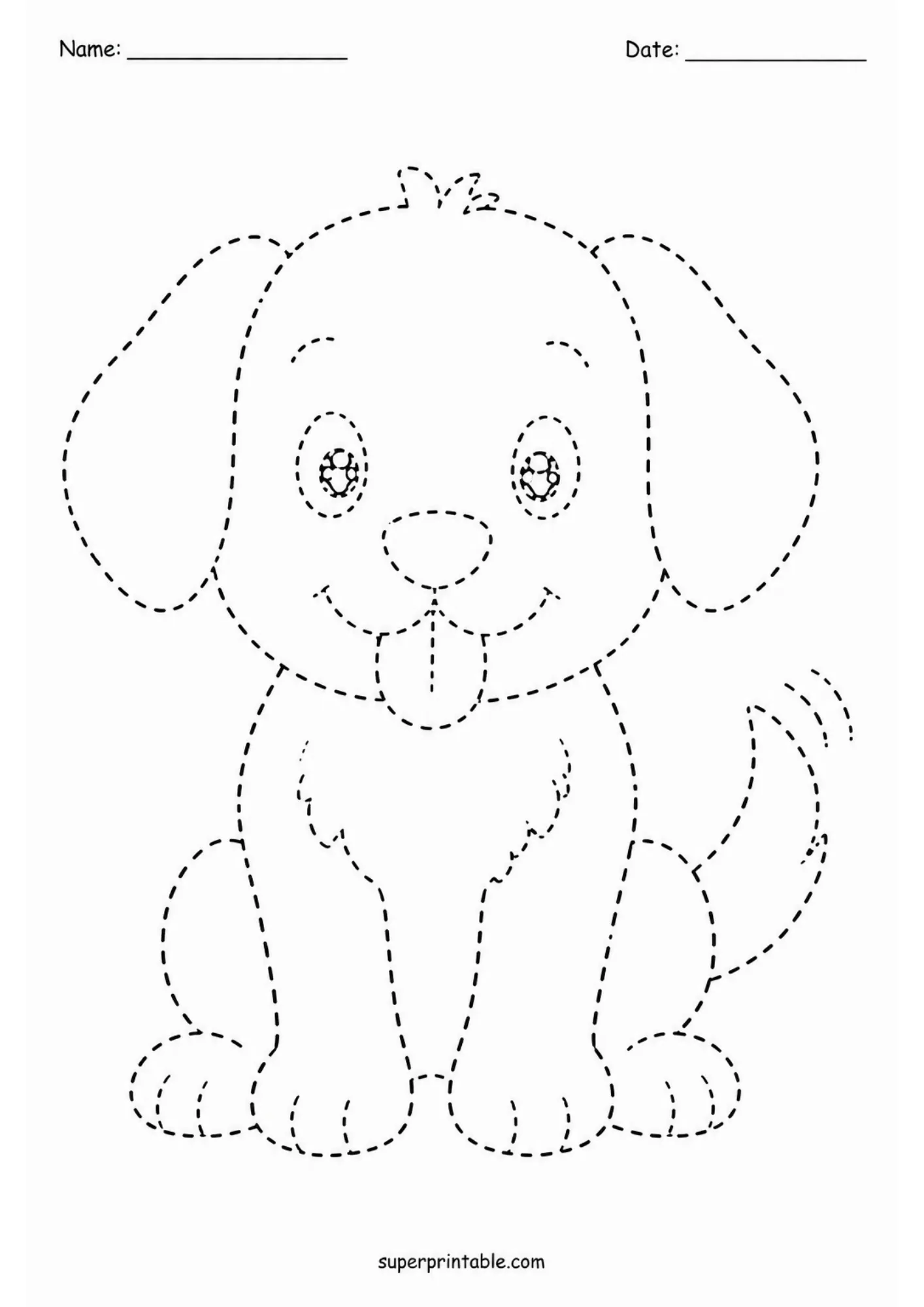 Happy front-facing puppy with wagging tail dashed line tracing worksheet.