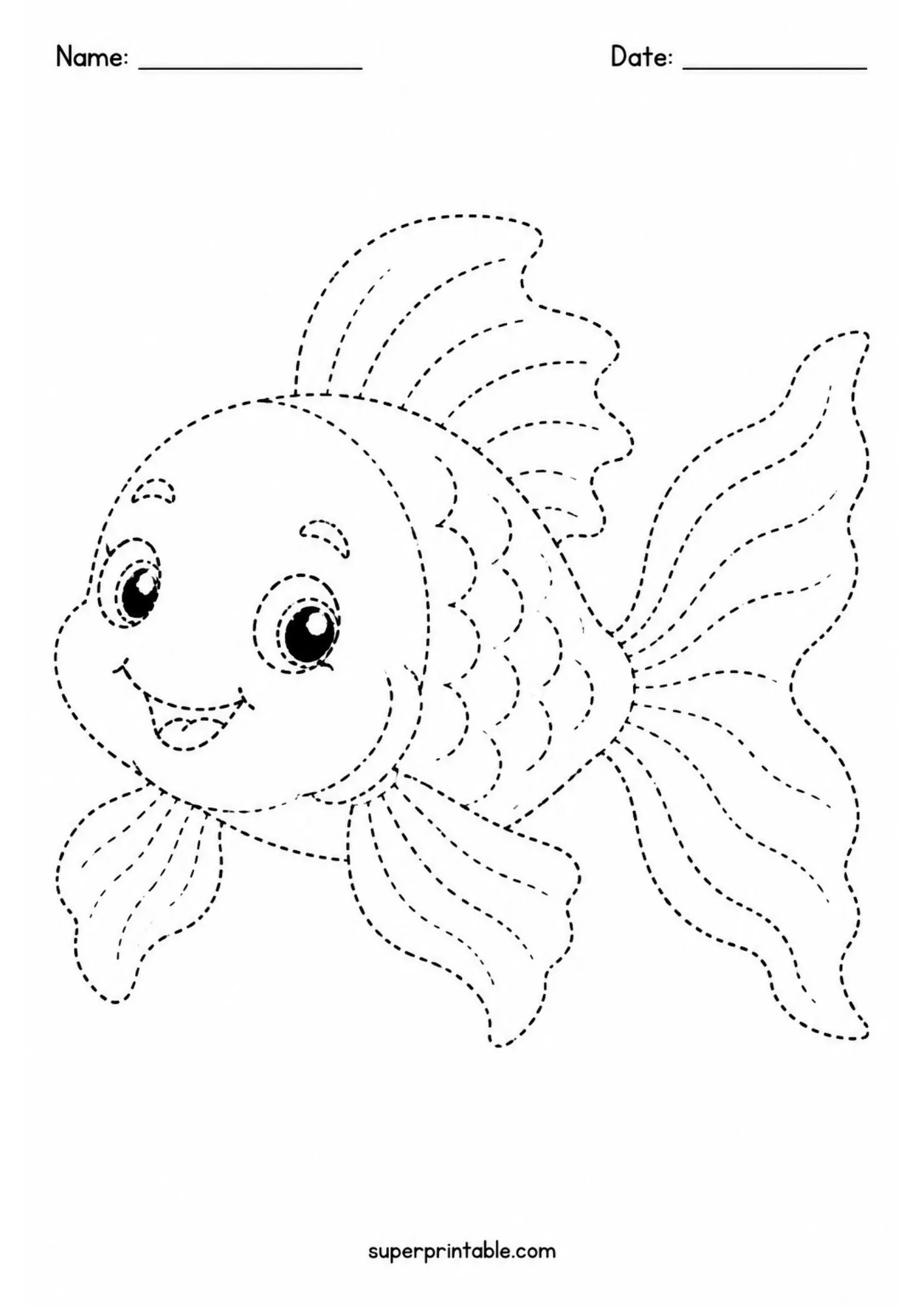 Smiling goldfish with detailed scales dashed outline tracing page for early learning.