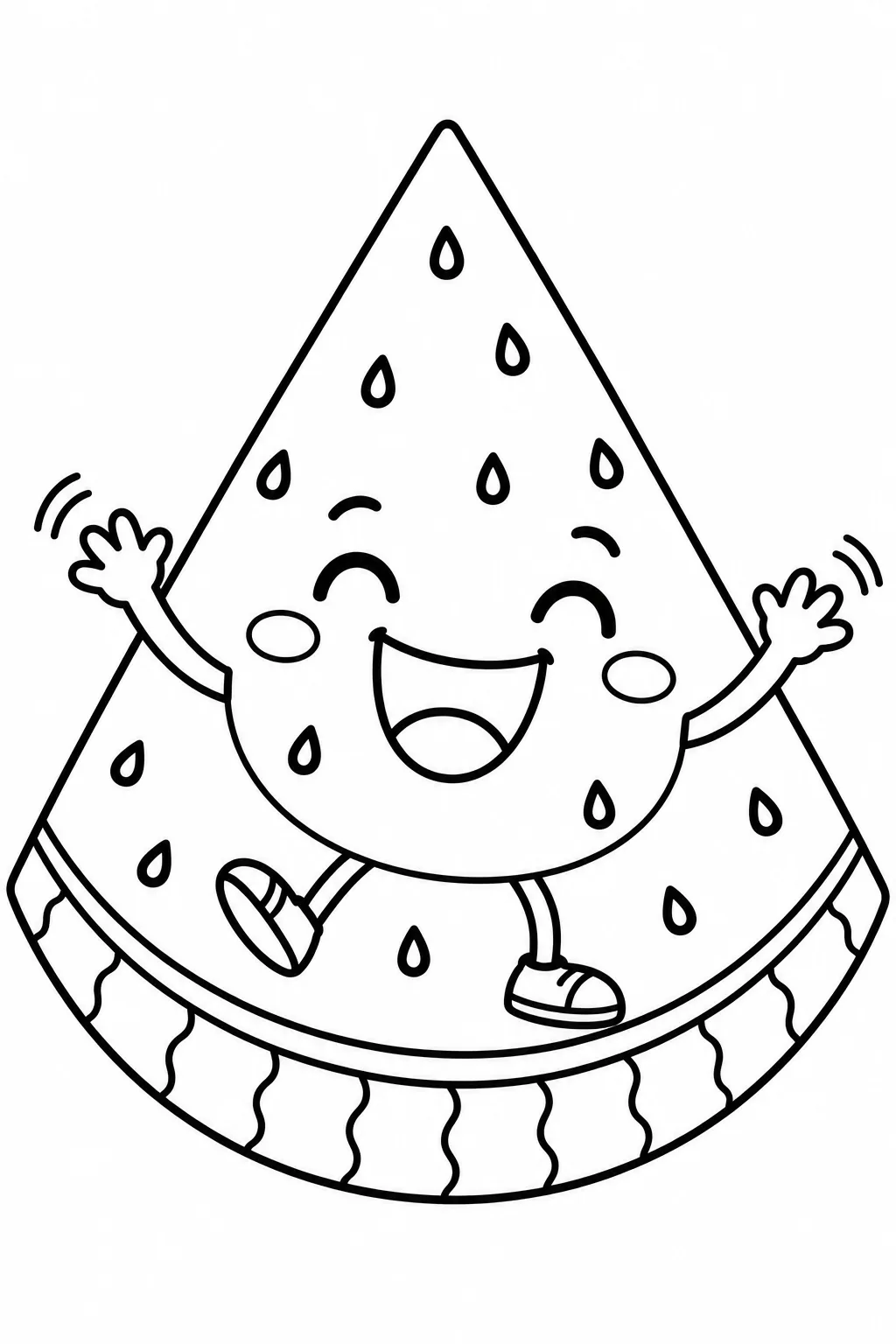 Jumping happy cartoon watermelon character black line coloring printable.