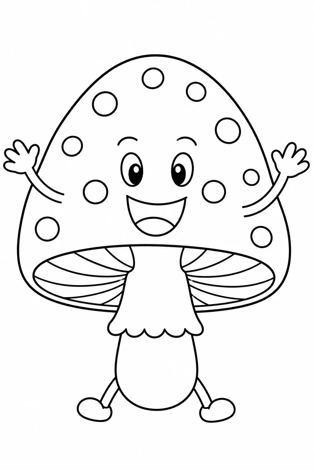 Happy mushroom character with big eyes, smiling face, arms, and little shoes