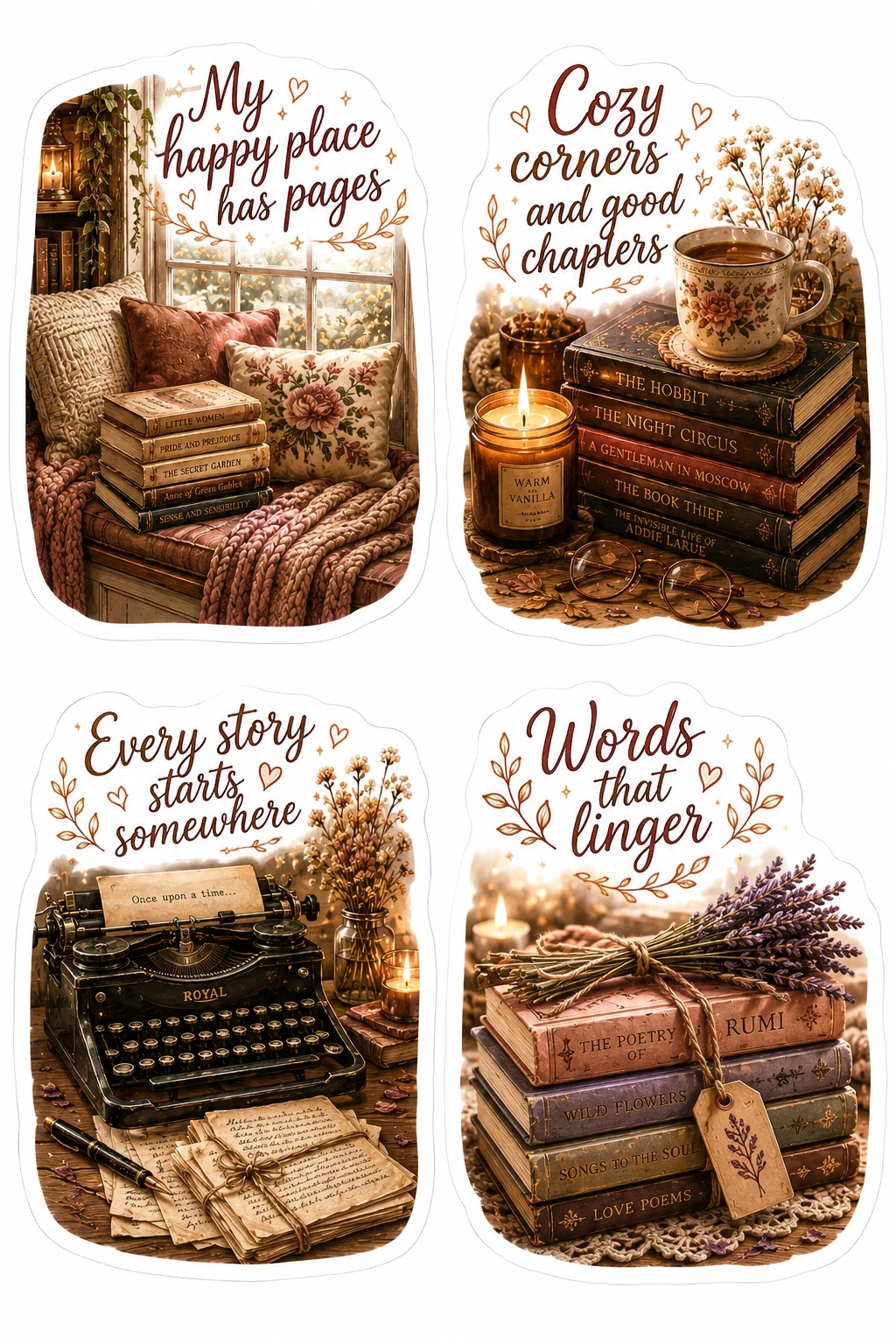 Happy Place Pages Cozy Corners Typewriter Sheet featuring cozy reading nooks, vintage library books, armchair reading, and bookshop aesthetics.