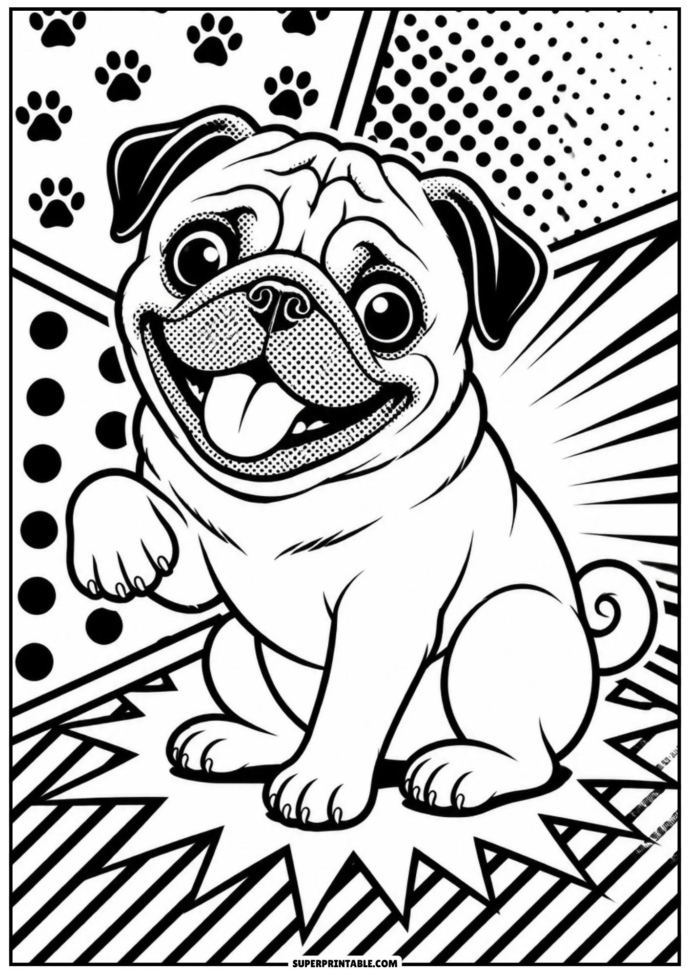 Cute pug dog sitting happily and waving one front paw with comic speed lines and paw prints.