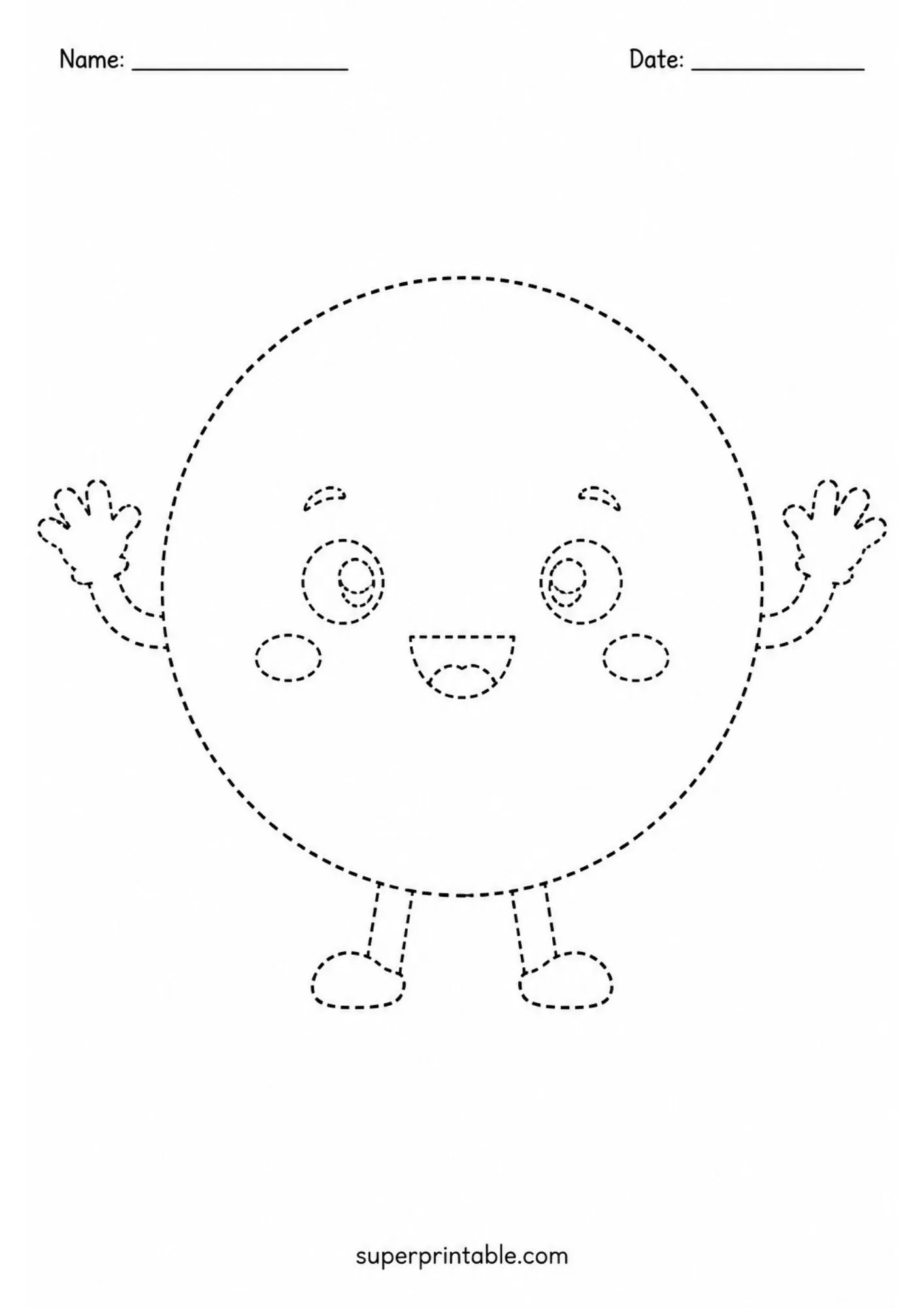 Cute round musical instrument with a happy face to trace.