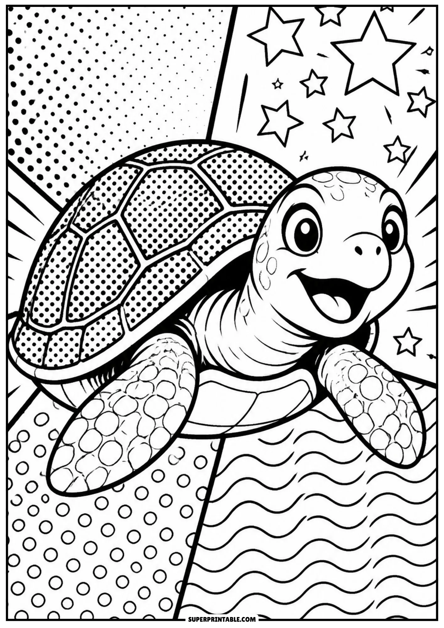 Smiling sea turtle swimming through ocean water waves with pop art halftone stars background.