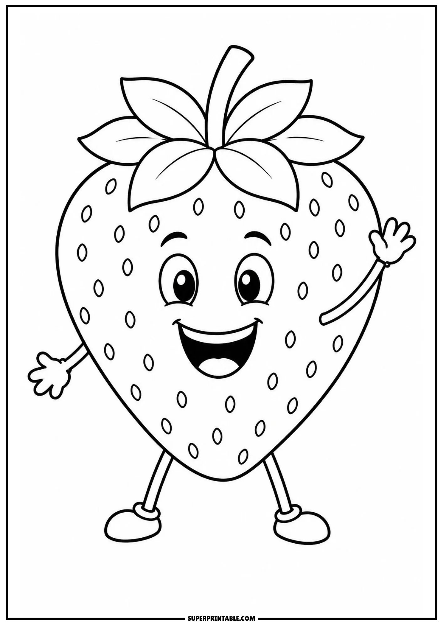 Friendly cartoon strawberry character waving with a big smile line art sheet.
