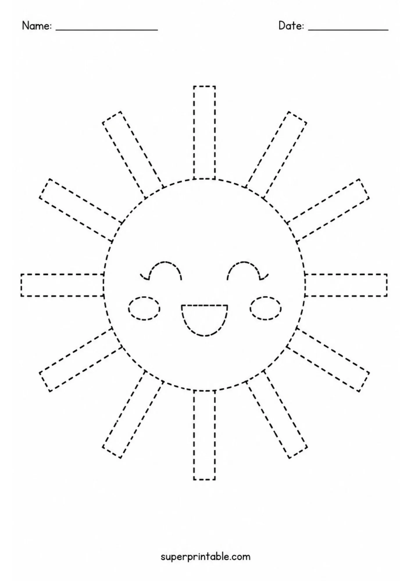 Black and white tracing worksheet showing a cheerful circular sun surrounded by rectangular block rays in dashed lines.