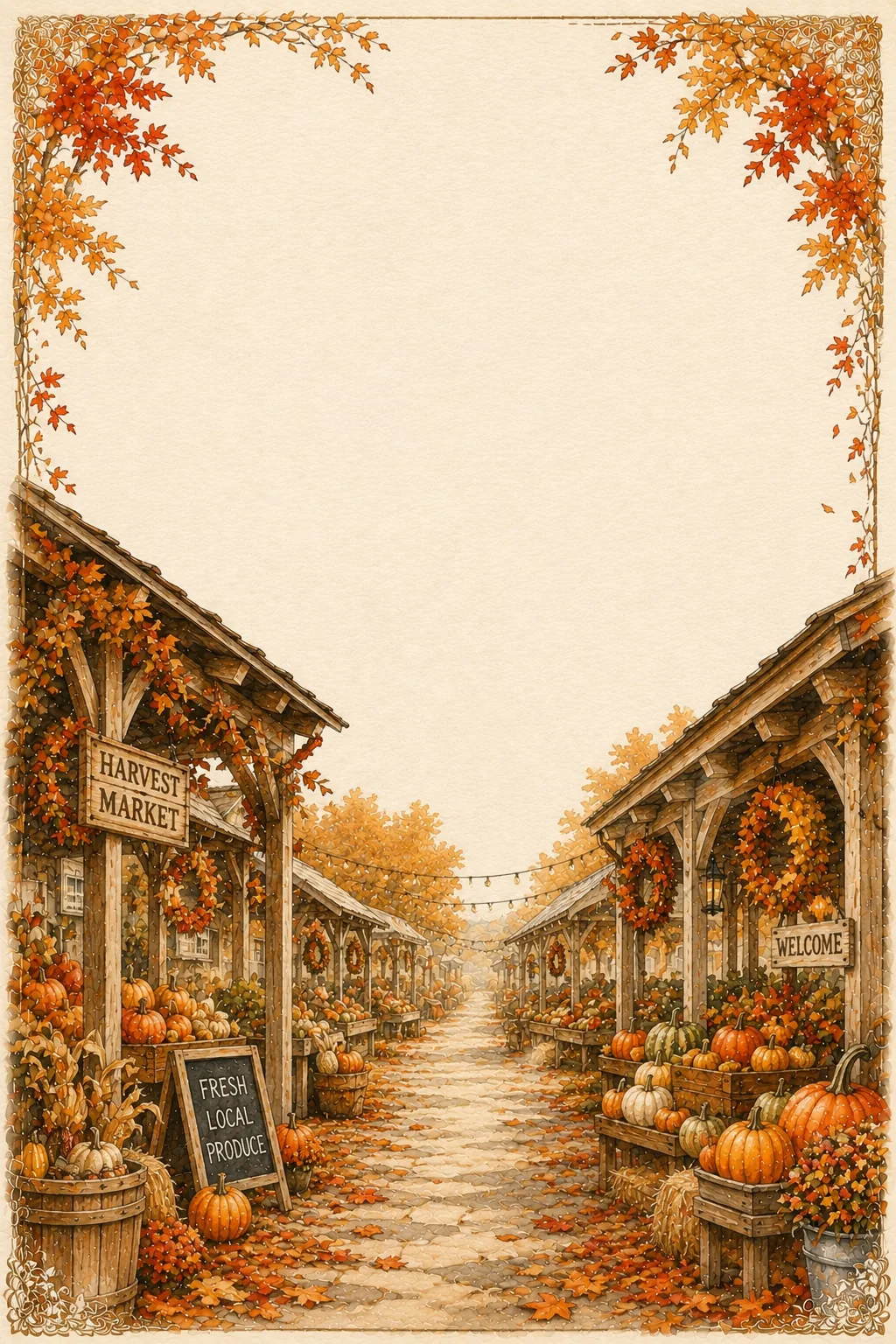 Fall border paper depicting a charming harvest market street decorated with pumpkins and autumn wreaths.