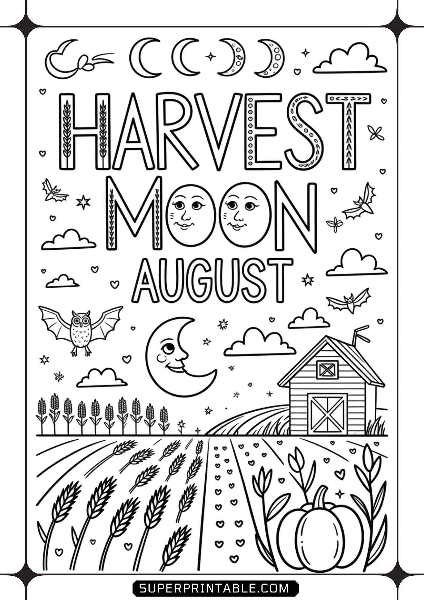 A Hello August coloring page featuring a harvest moon over a farm wheat field with a barn and pumpkin.