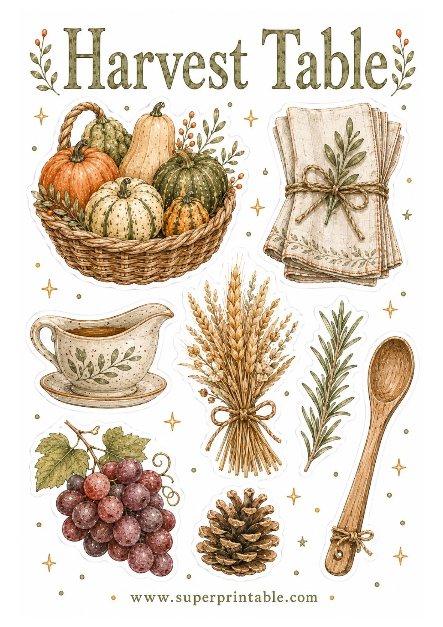 Printable Thanksgiving dining sticker sheet featuring watercolor pumpkin basket, linen napkins, gravy boat, wheat sheaf, rosemary sprig, wooden spoon, and grapes.