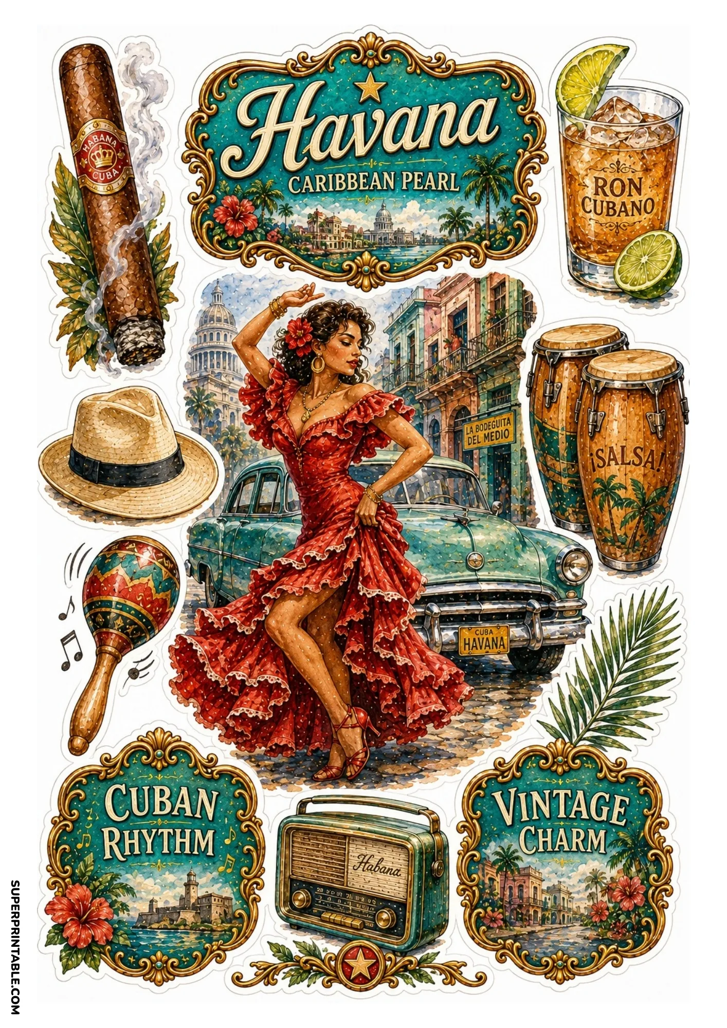 Printable Havana sticker sheet featuring classic vintage cars and Cuban salsa
