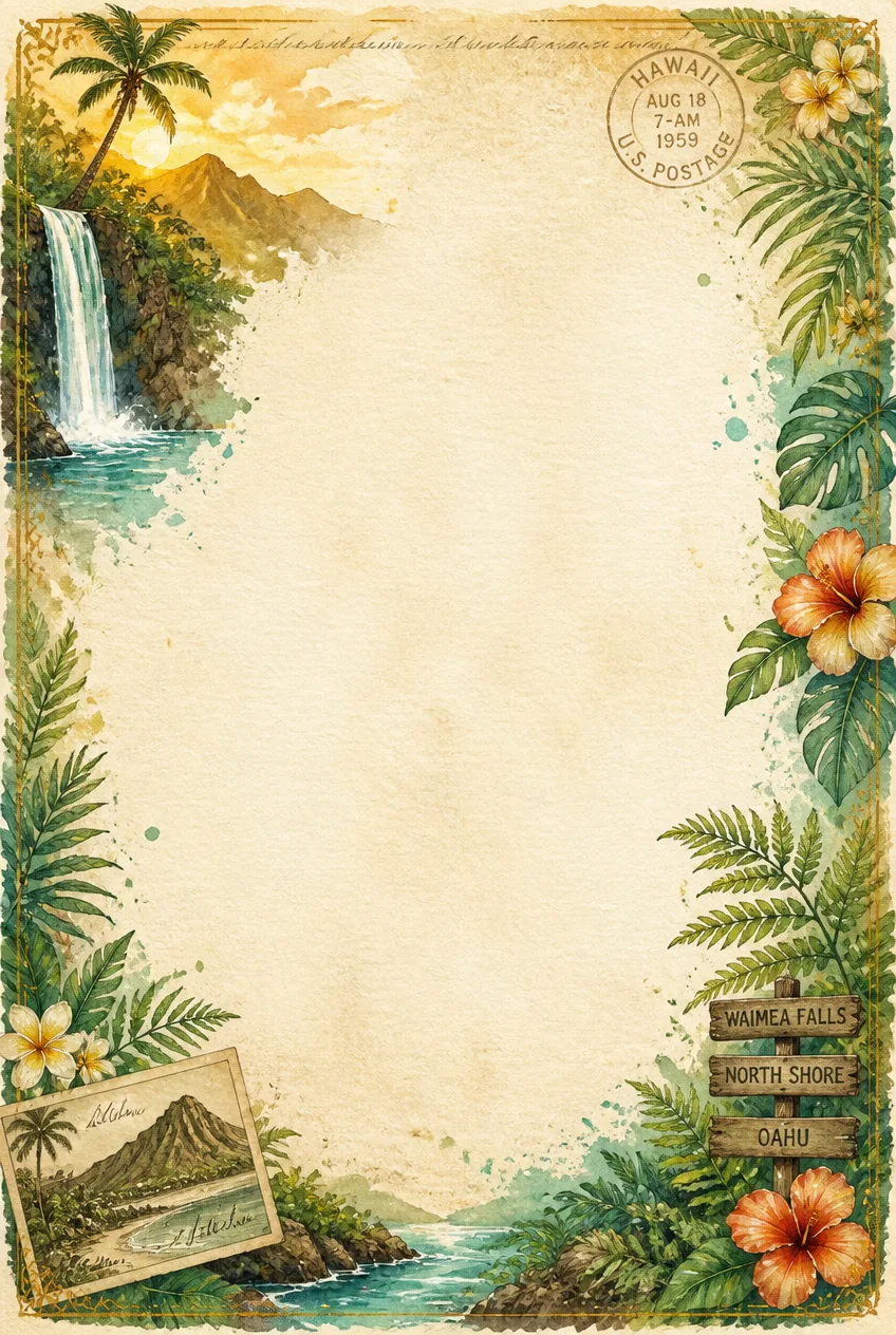 Tropical Hawaii watercolor stationery border with waterfall and yellow hibiscus flowers.