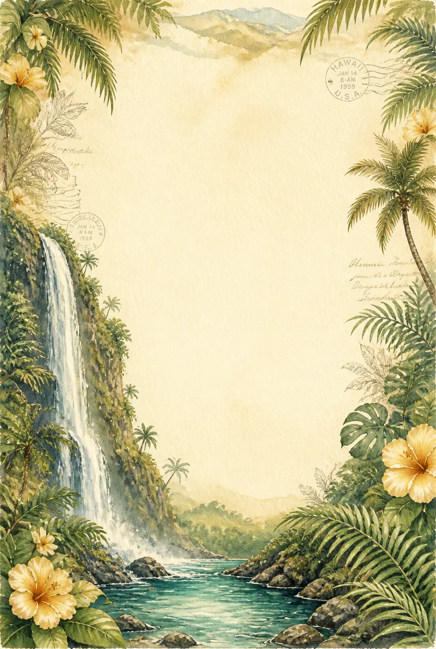Hawaii tropical waterfall watercolor border page with hibiscus flowers and palm trees.
