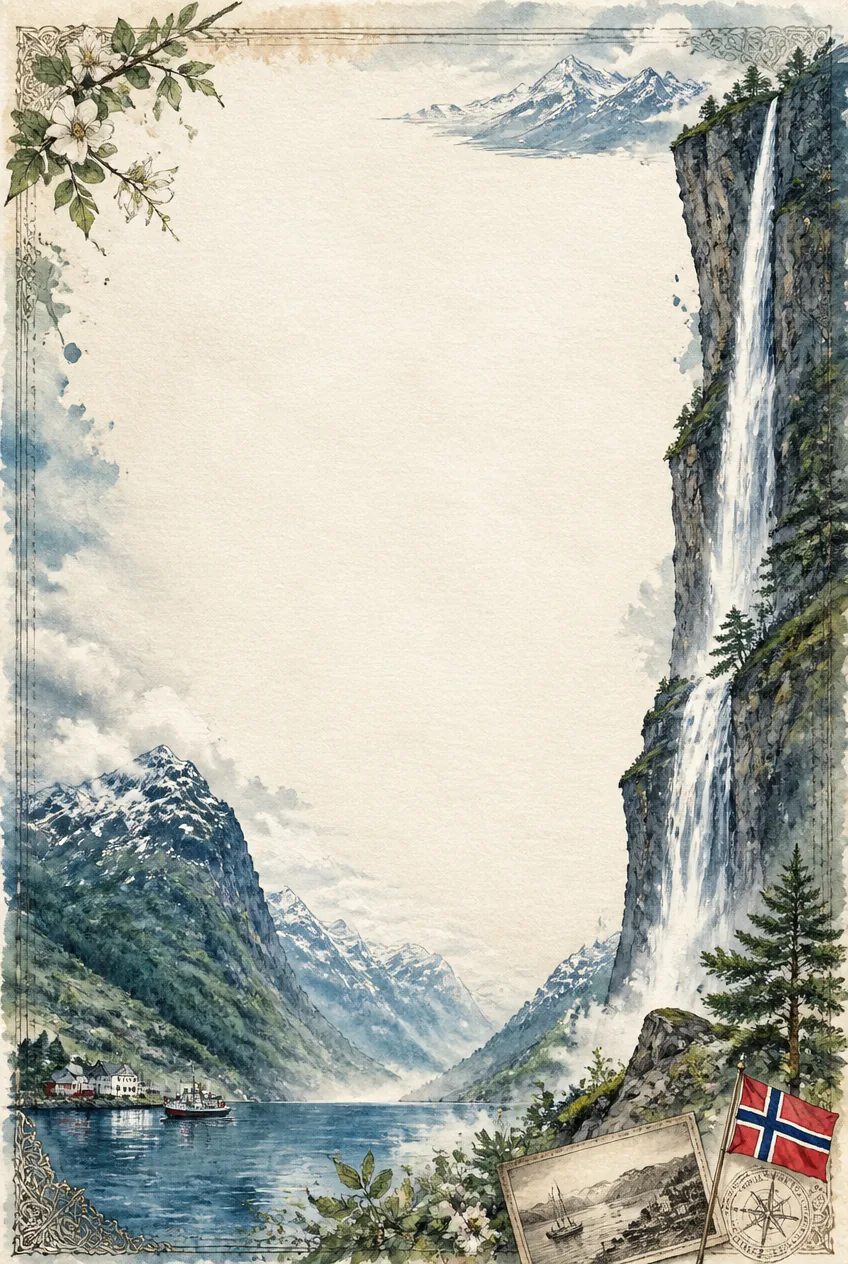 Watercolor border page featuring Waimea Falls Oahu with orange hibiscus flowers.