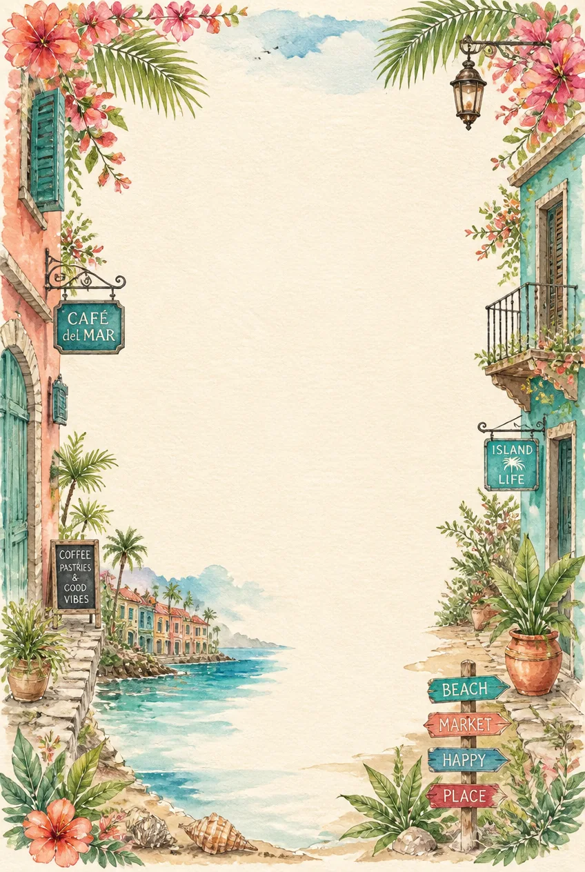 Hawaiian beach huts and palm fronds in a soft watercolor frame around blank writing space.