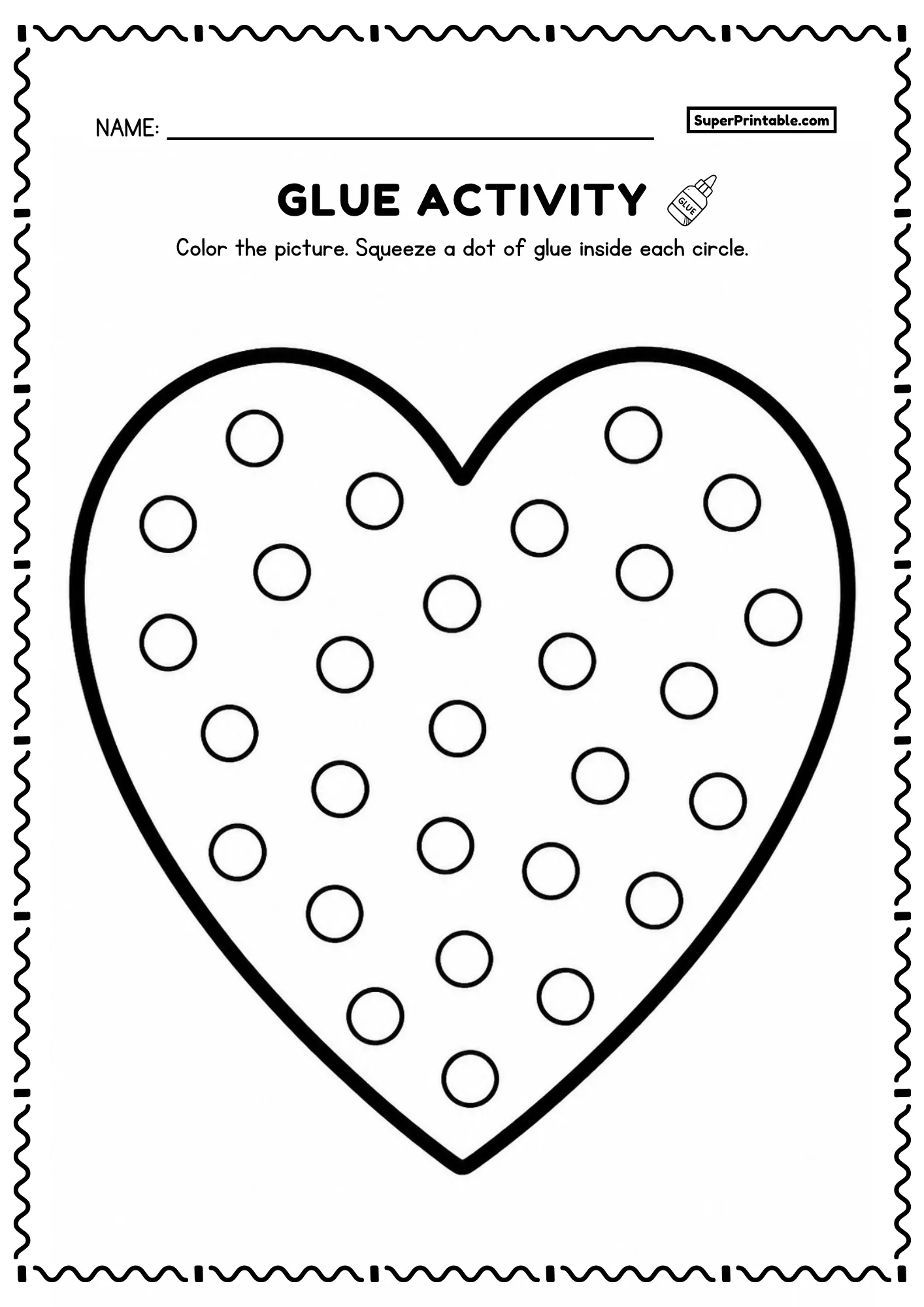 Heart dot glue shapes worksheet with circles for a preschool glue activity